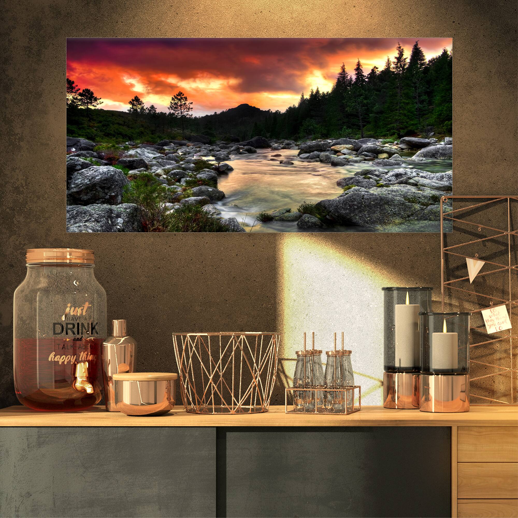 Designart - Rocky Mountain River at Sunset - Extra Large Wall Art Landscape