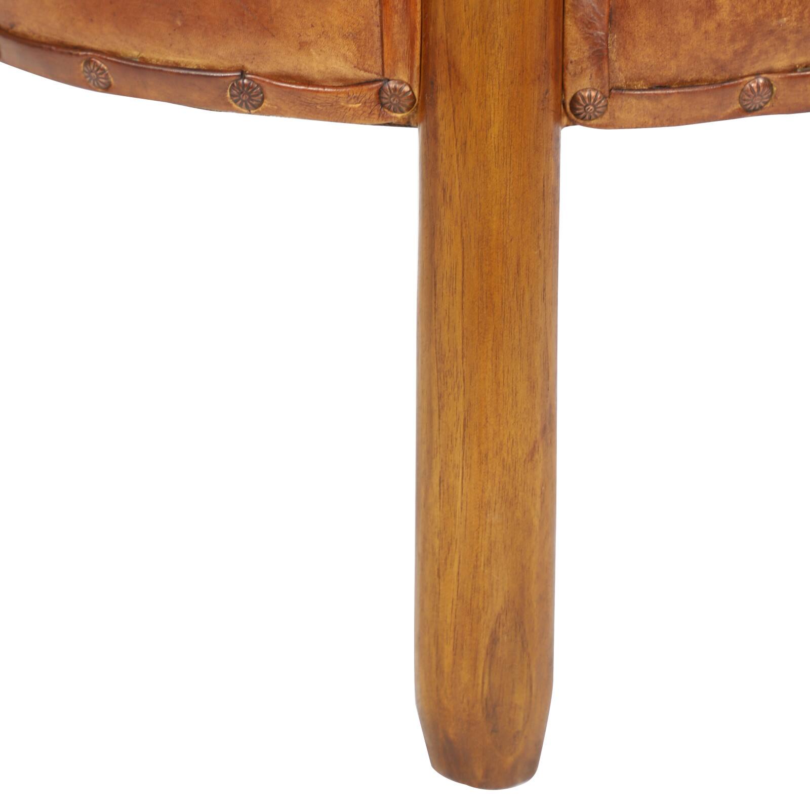 20" Brown Leather & Teak Traditional Stool
