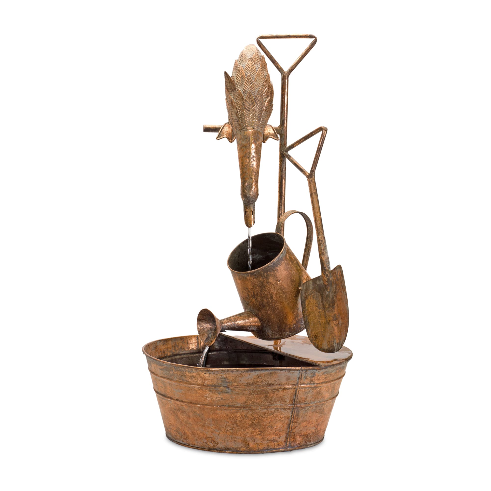 33" Brown Rustic Metal Fountain with Duck & Watering Can