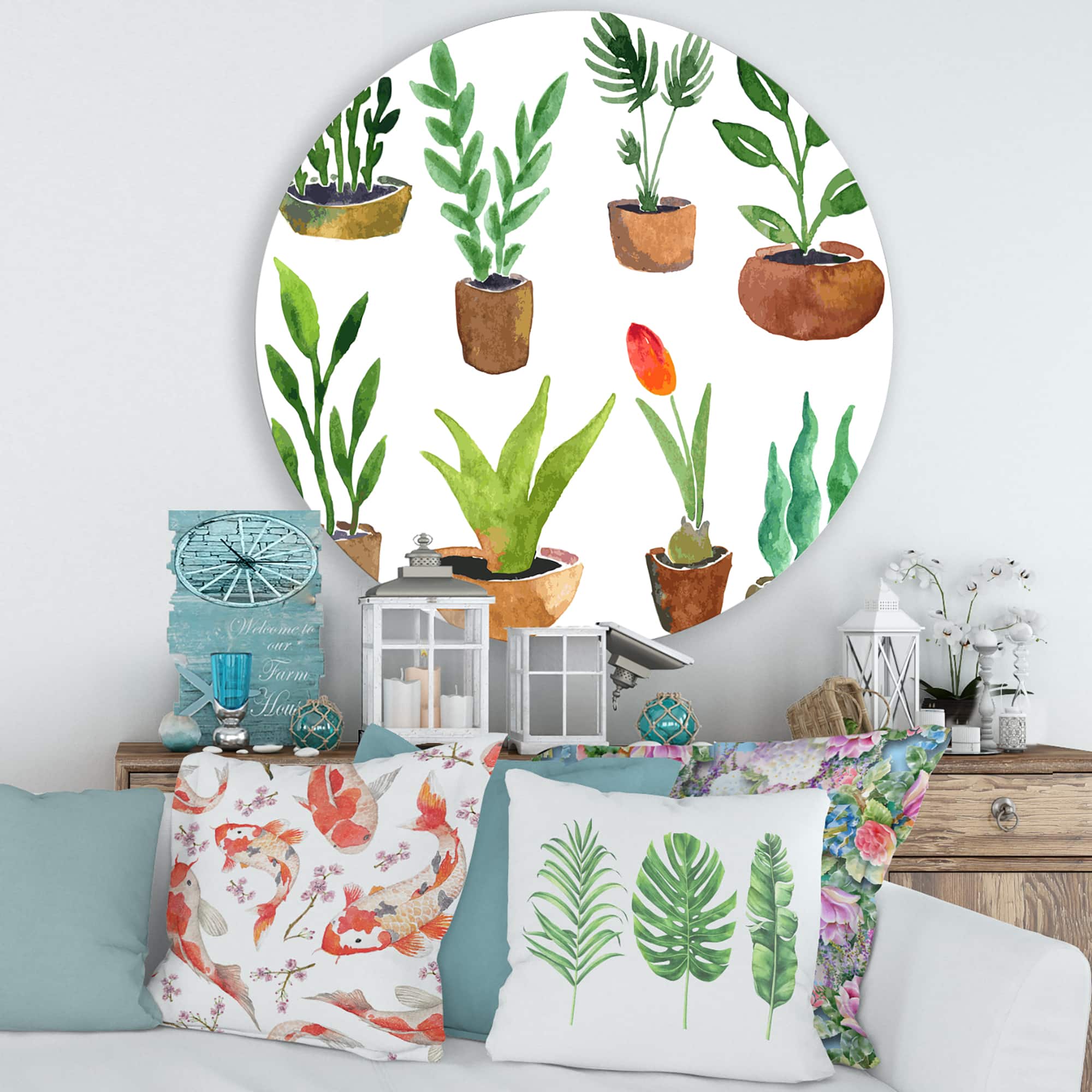 Designart - Eight Potted House Plants - Traditional Metal Circle Wall Art