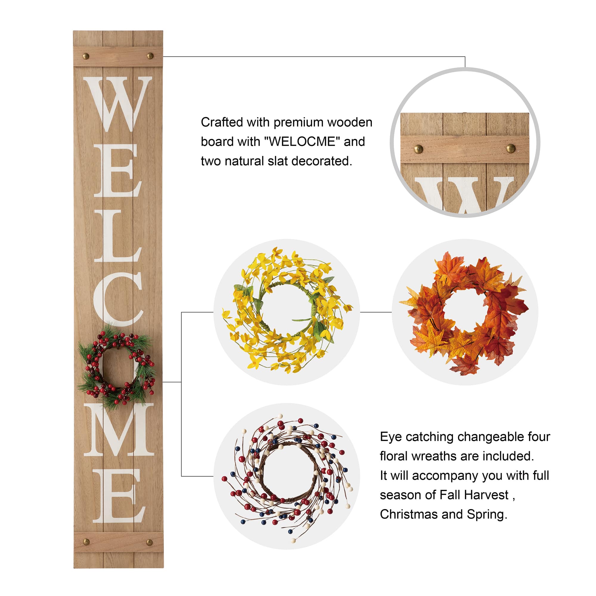 Glitzhome&#xAE; 5ft. Brown Welcome Wood Porch Sign with 4 Changeable Wreaths