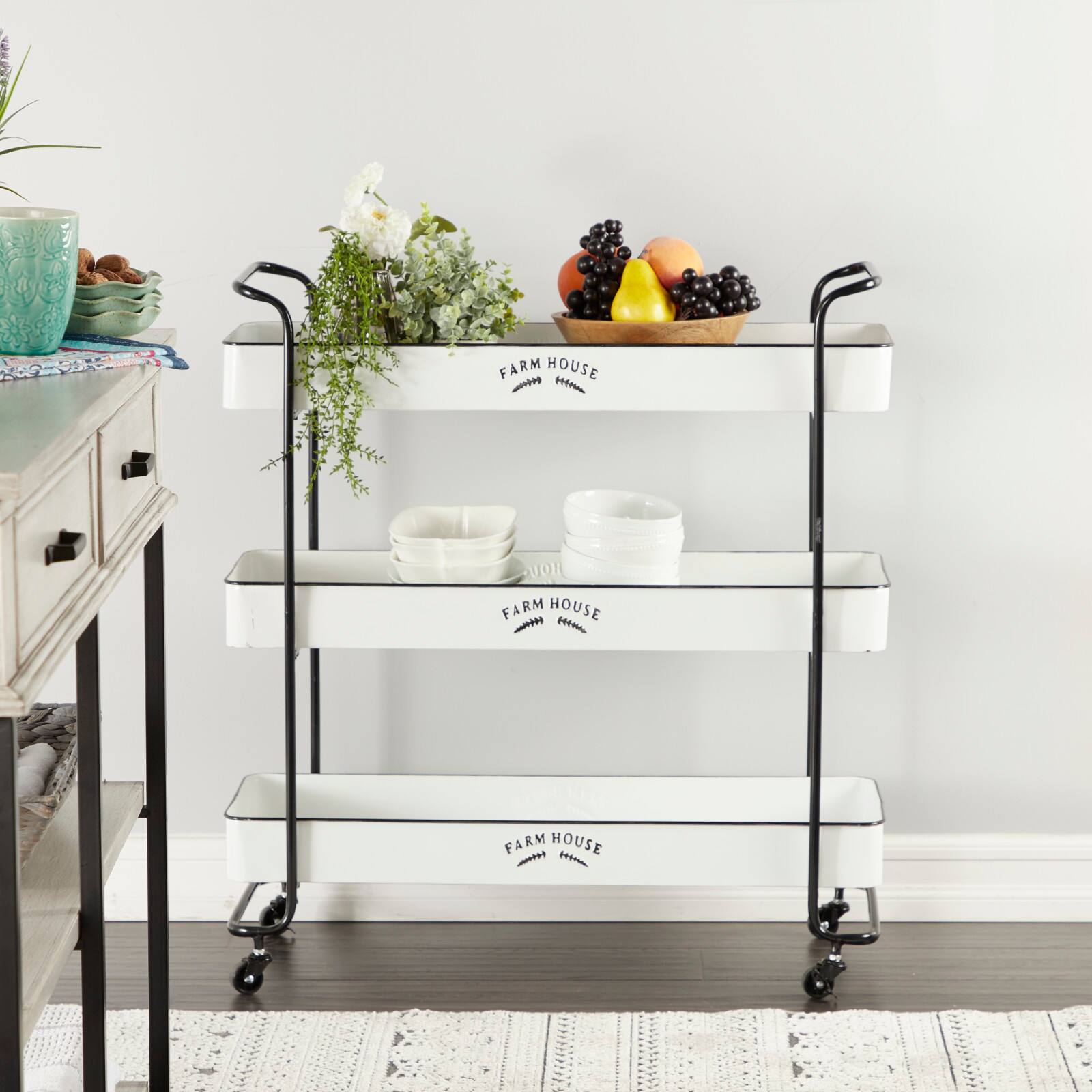 35&#x22; White Metal Farmhouse Storage Rolling Cart