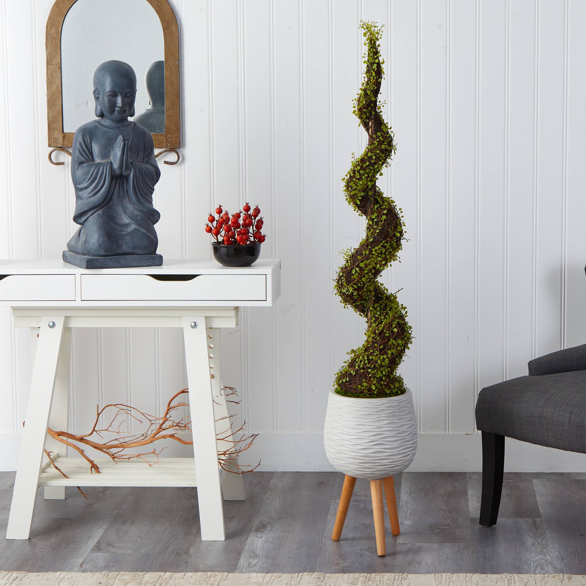 5ft. UV Resistant Mohlenbechia Spiral Tree in White Planter with Stand