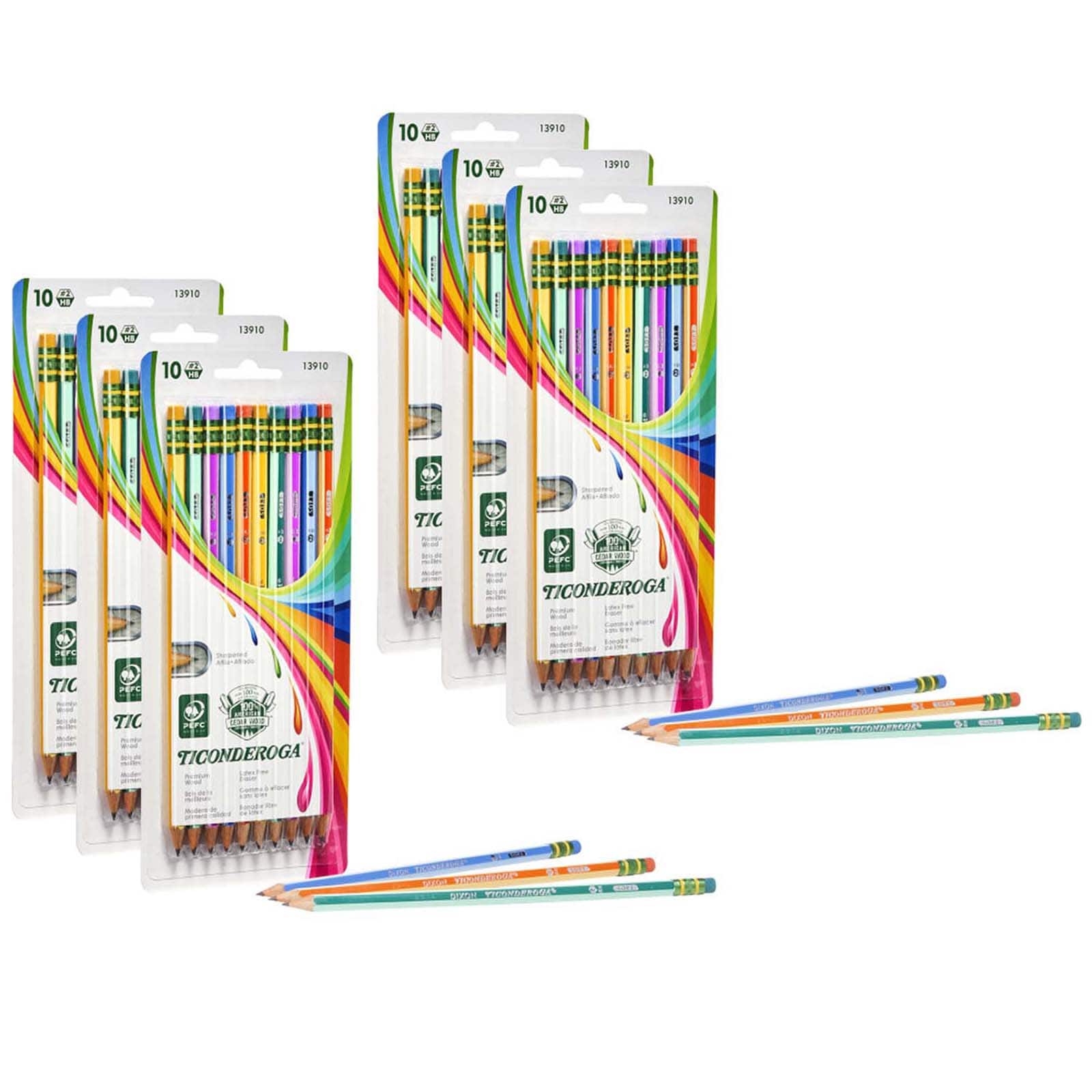 Ticonderoga® #2 Soft Neon Stripes Pre-Sharpened Pencils, 6 Packs of 10