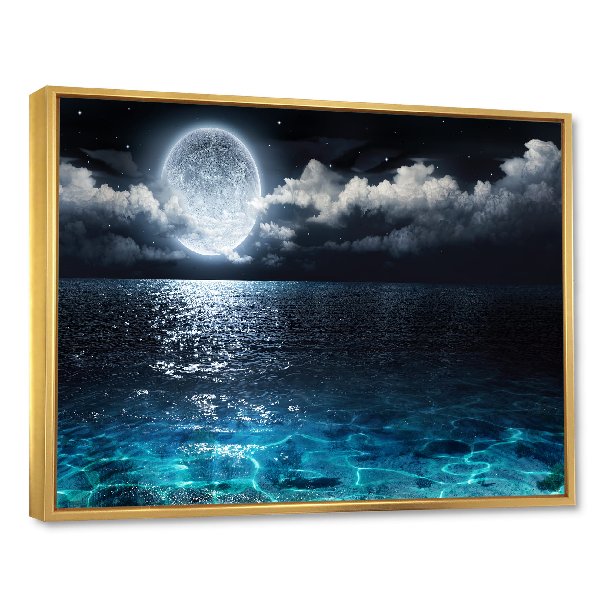 Designart - Romantic Full Moon Over Sea - Seascape Framed Canvas Art Print