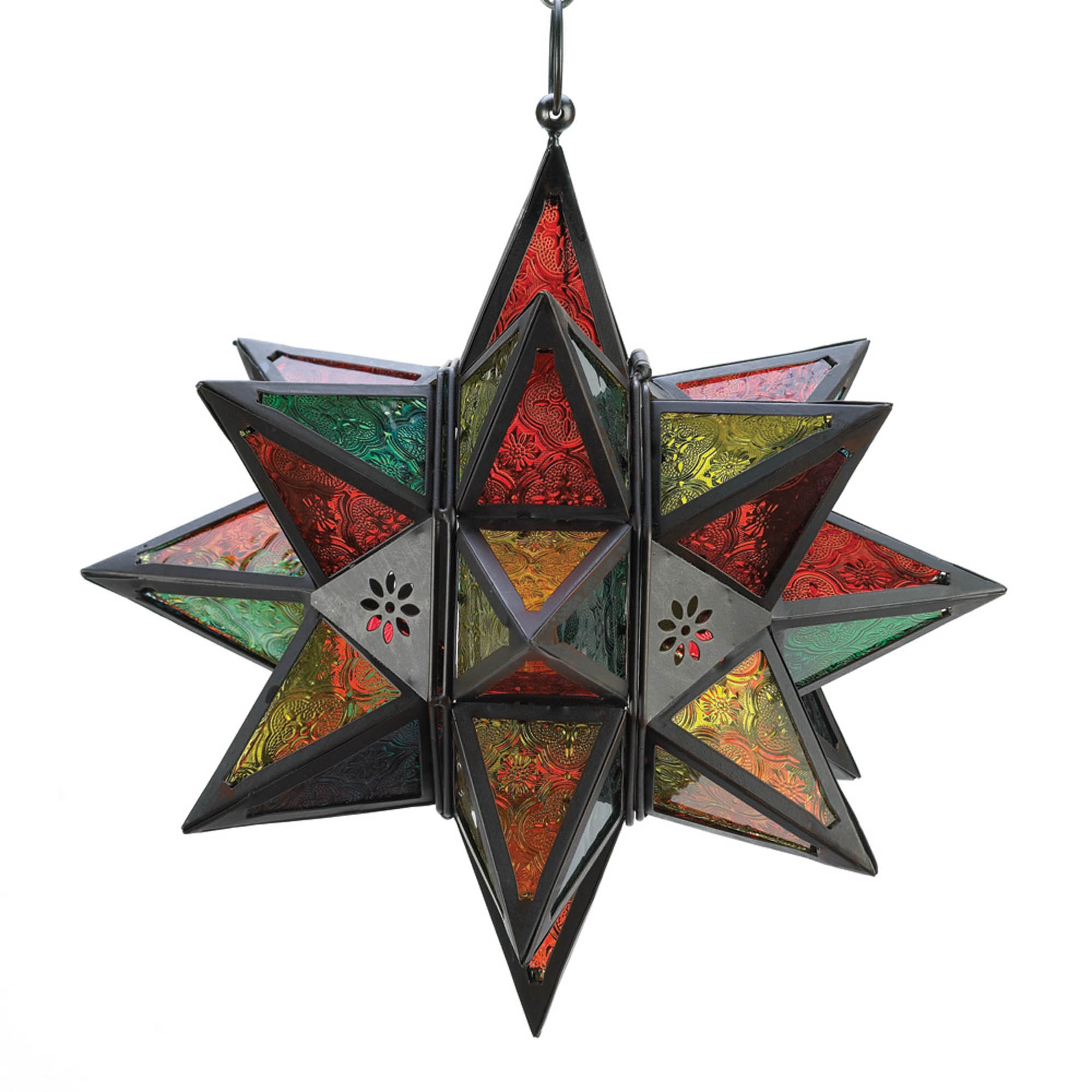 14" Jewel Toned Moroccan Style Hanging Star Candle Lantern
