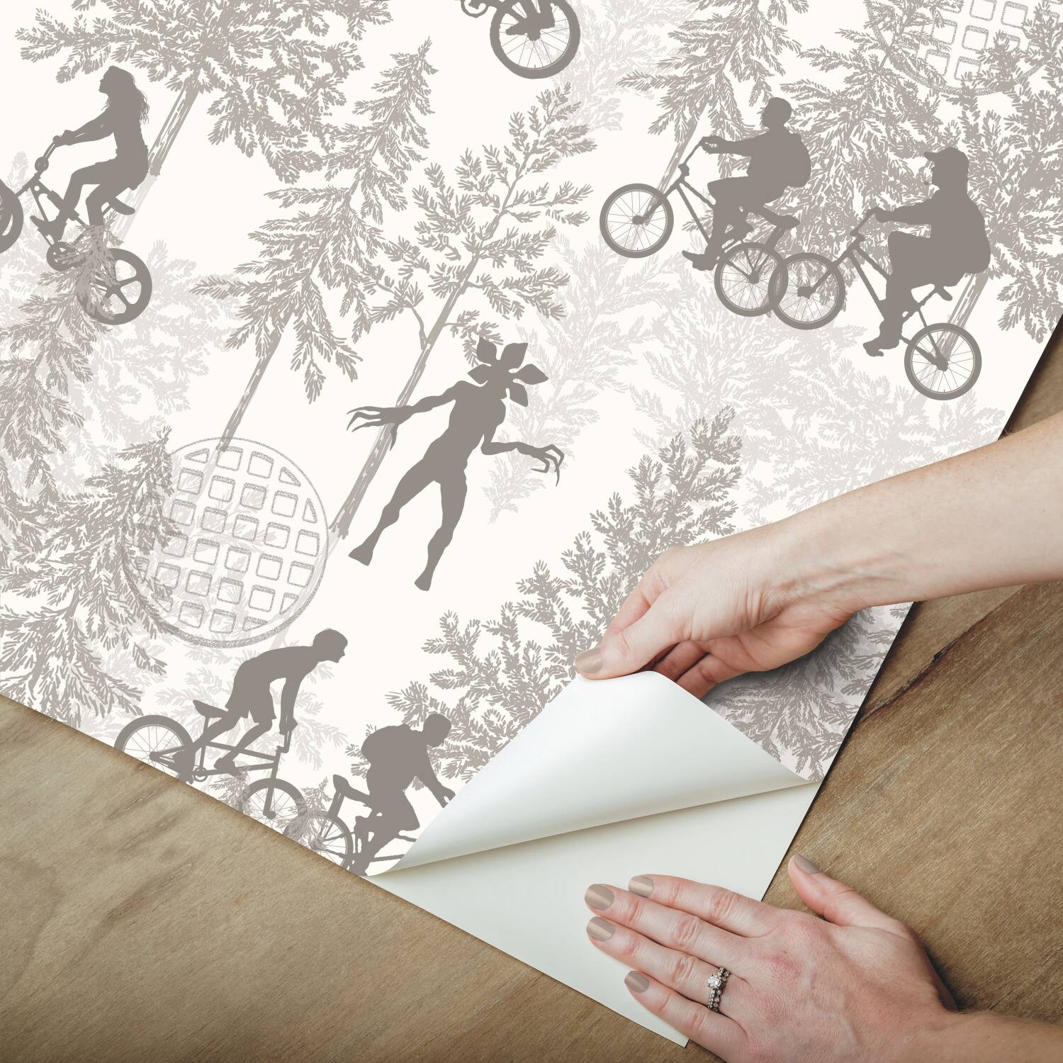 RoomMates Netflix Stranger Things Hawkins Woods Taupe Peel & Stick Wallpaper