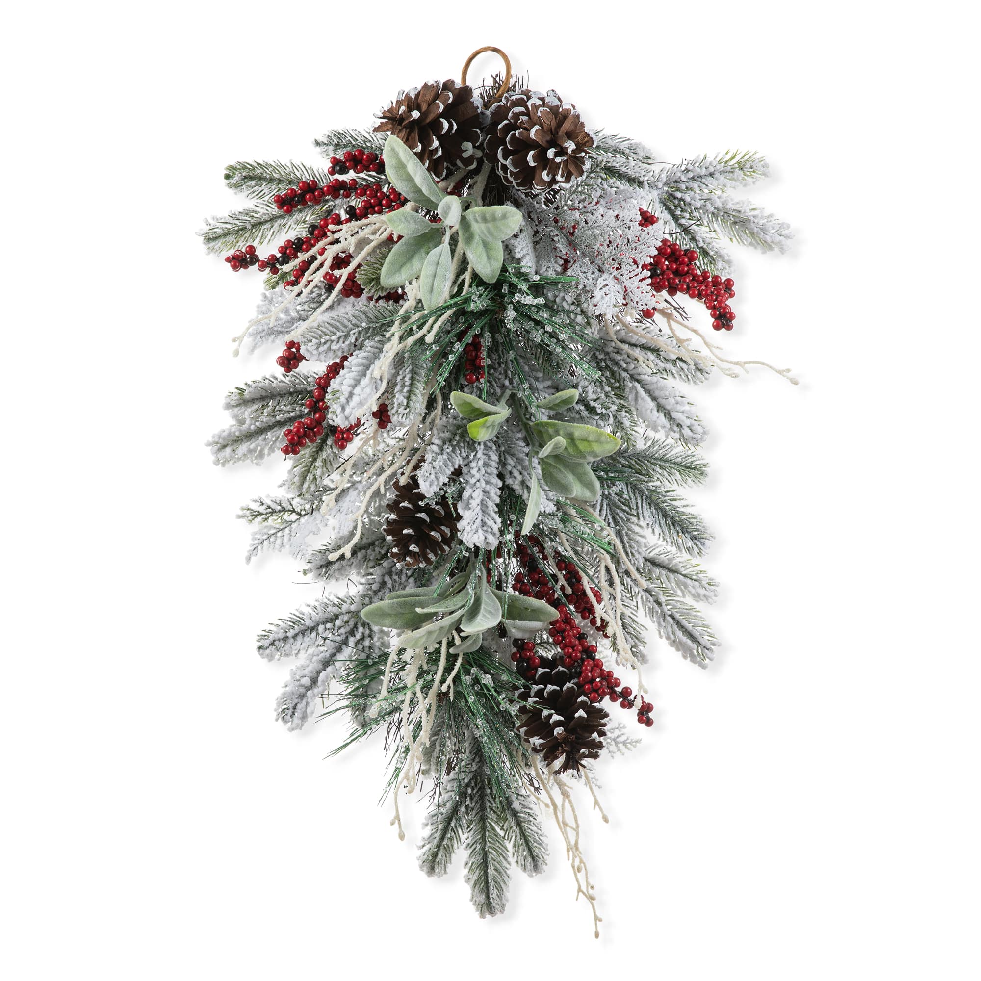 Glitzhome® 28"Christmas Flocked Pinecone & Berry Teardrop