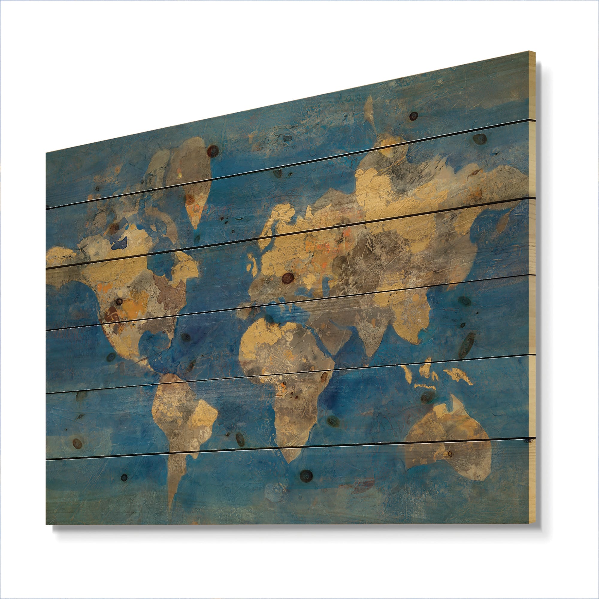 Designart - Golden Glam World Map - Traditional Print on Natural Pine Wood