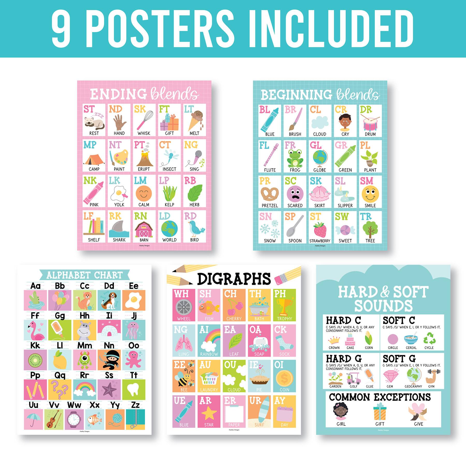 Hadley Designs 11" x 14" Colorful Sound Wall Phonics and Vowels English Posters Set