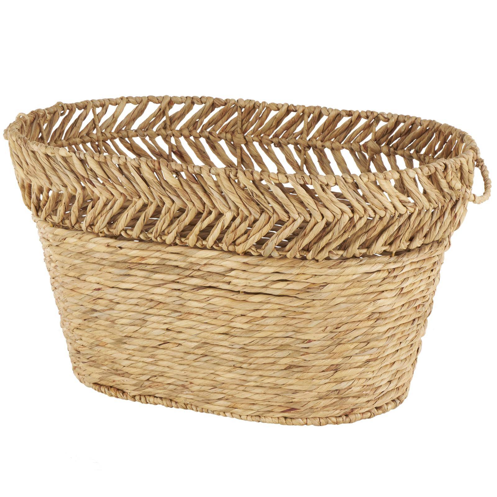 30" Brown Seagrass Handmade Woven Oval Storage Basket with Zig Zag Patterned Rim