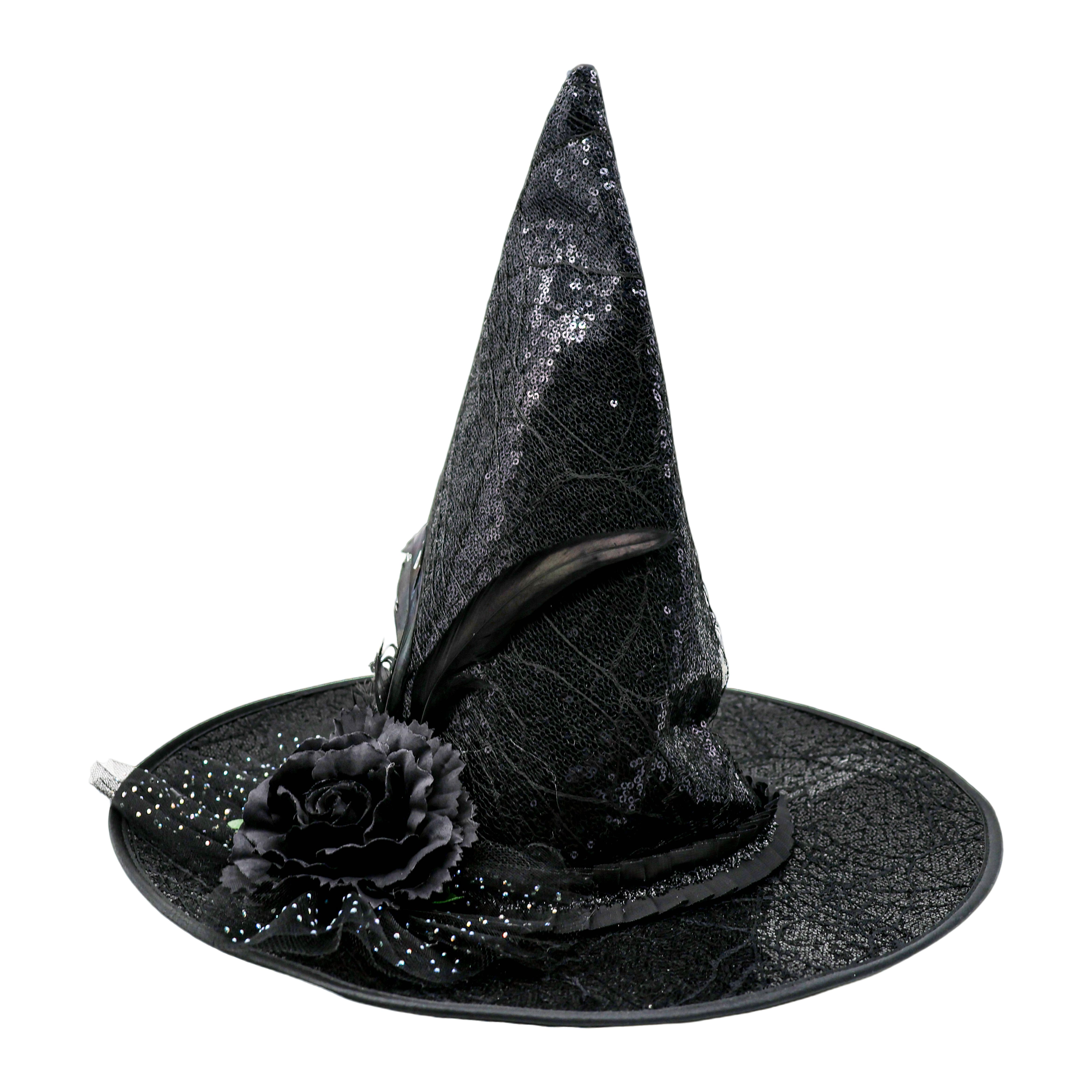 Black Witch Hat with Feather &#x26; Flower by Celebrate It&#x2122;