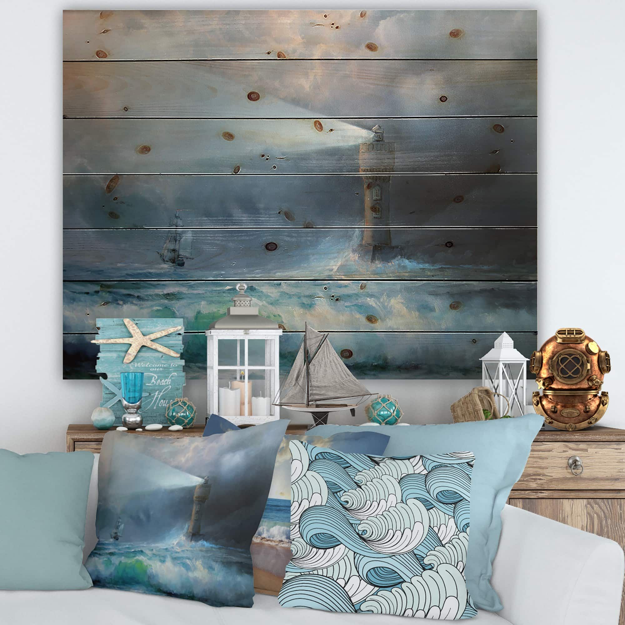 Designart - Lighthouse Shining Light During Stormy Night II - Nautical &#x26; Coastal Print on Natural Pine Wood