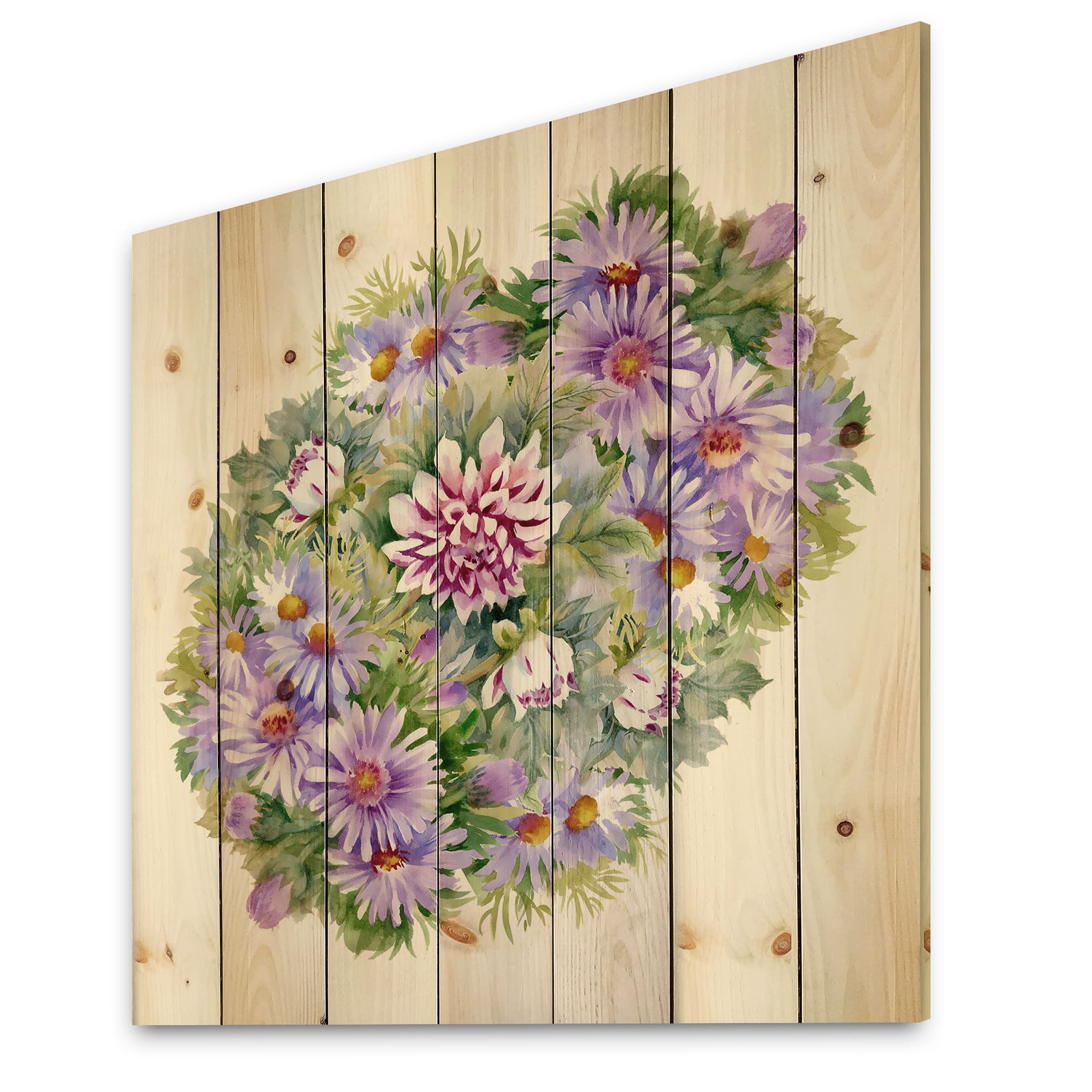 Designart - Bouquet With Purple Chrysanthemums and Daisies - Traditional Print on Natural Pine Wood