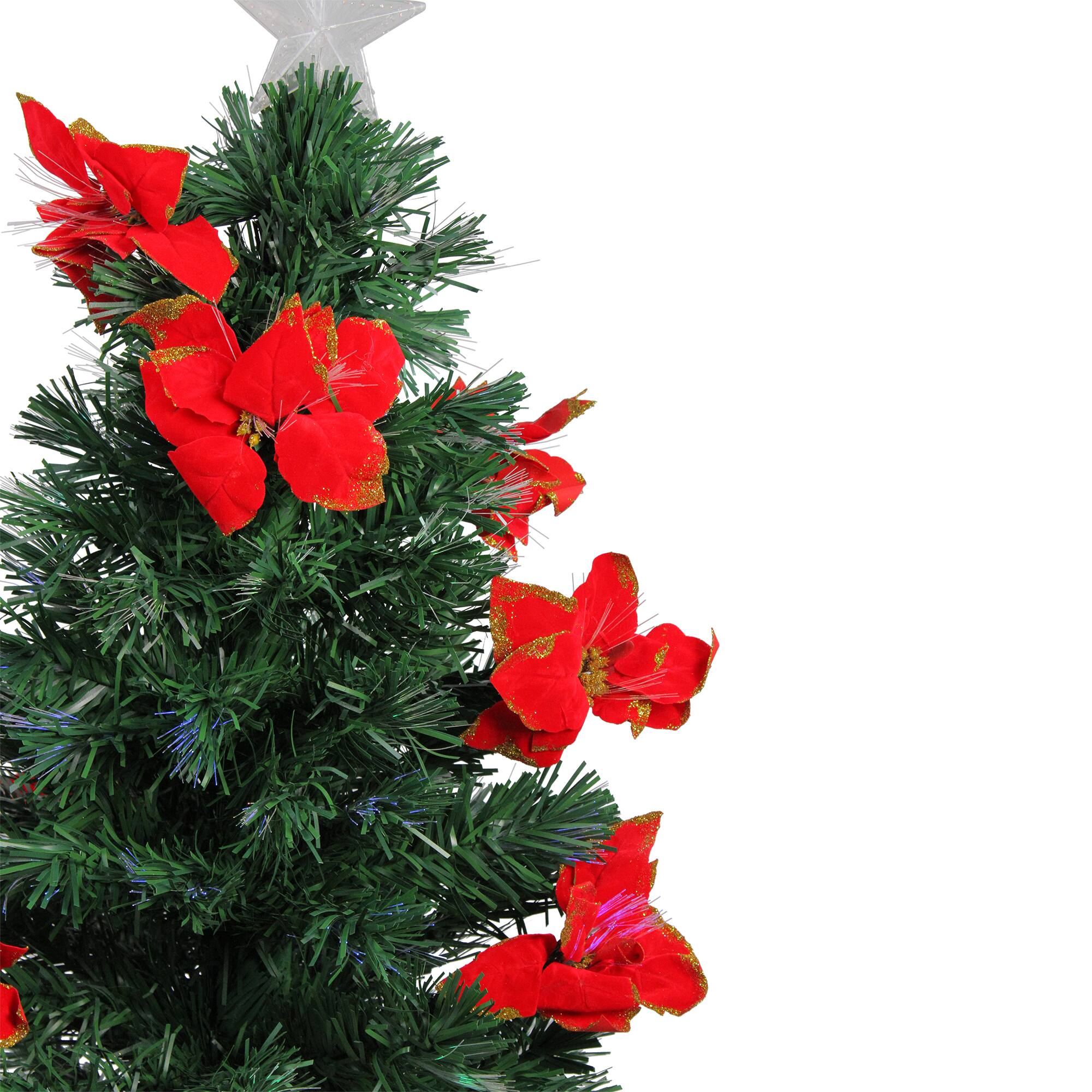 3ft. Fiber Optic Color Changing Artificial Christmas Tree with Red Poinsettias &#x26; Star