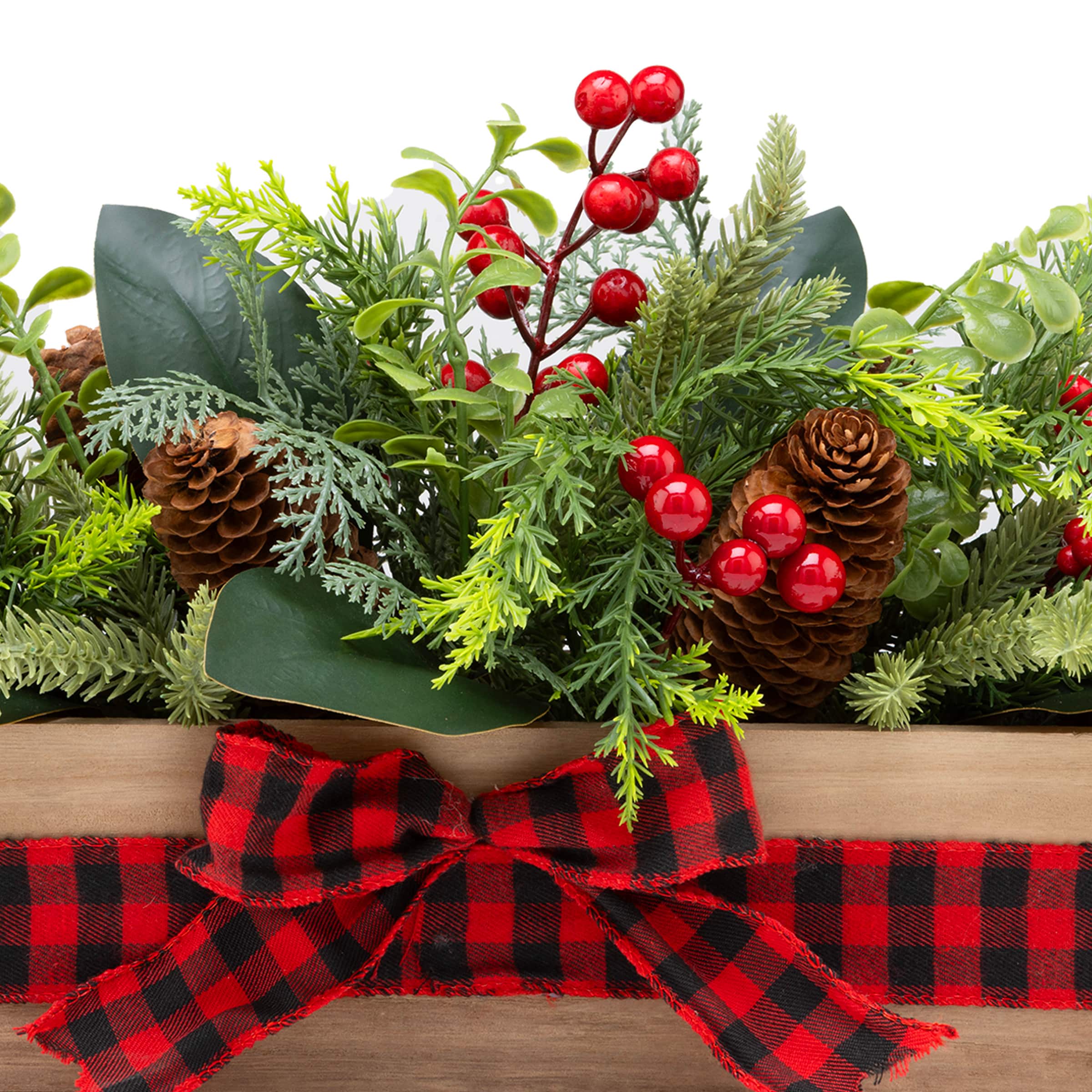 17&#x22; Christmas Classic Cypress, Pinecone &#x26; Berry Centerpiece in Wood Planter with Red Buffalo Check Bow