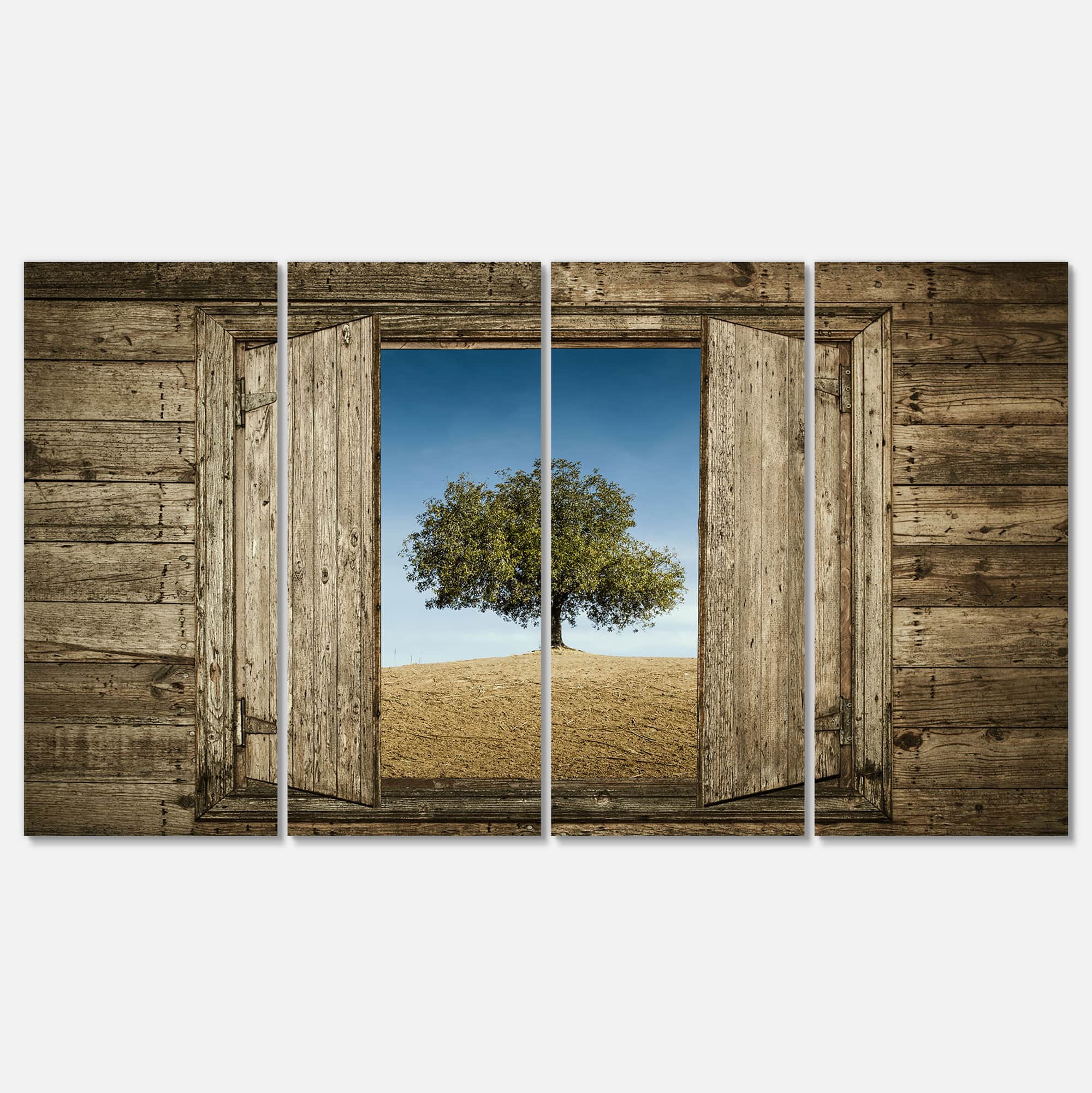 Designart - Window Open To Solitary Tree - Modern Landscape Canvas Art