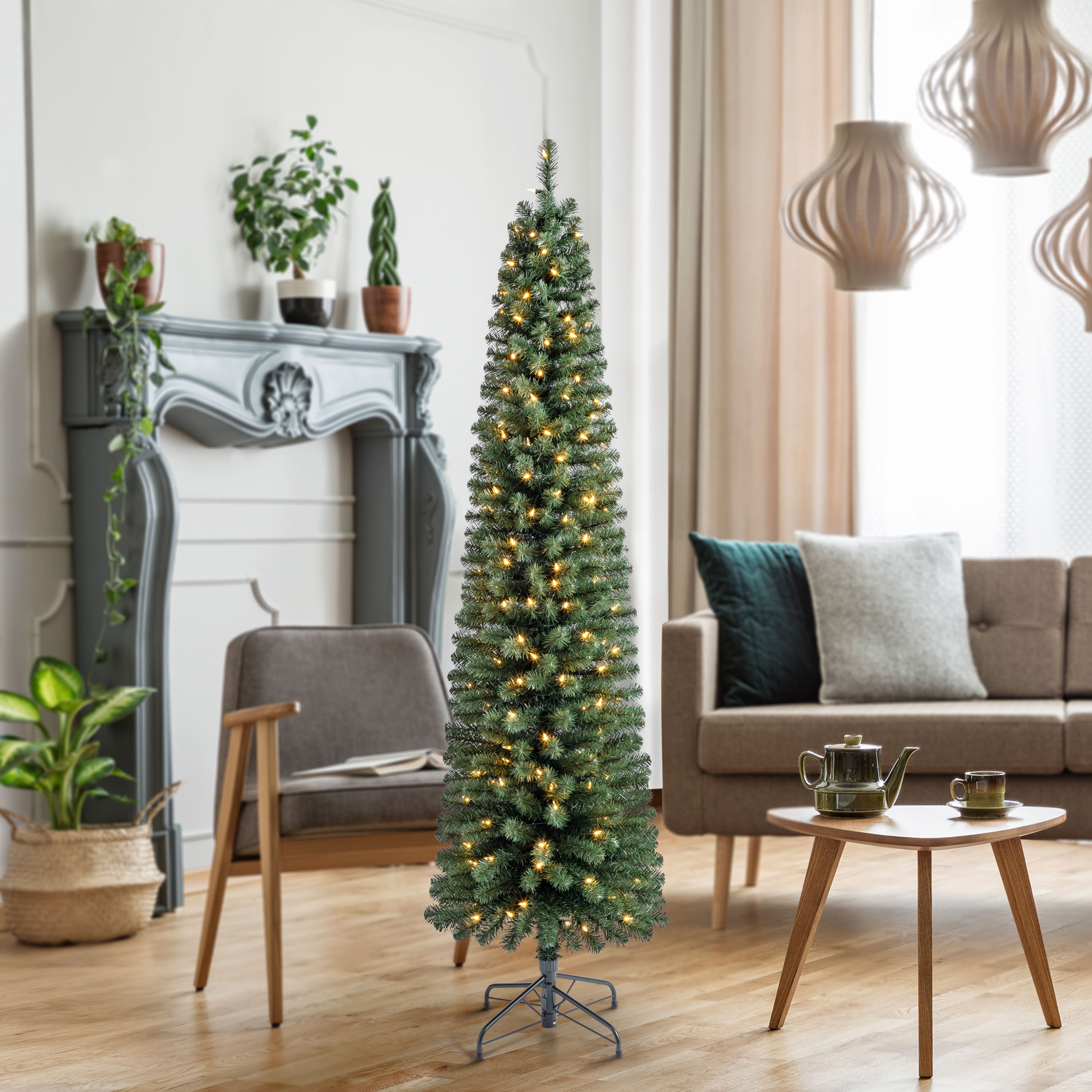 7ft. Pre-Lit Pencil Artificial Christmas Tree, Warm White Mini LED Lights by Ashland&#xAE;