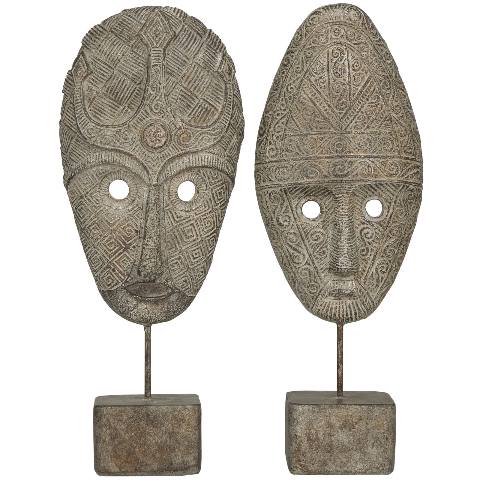Gray Polystone Handmade Carved Mask Sculpture Set
