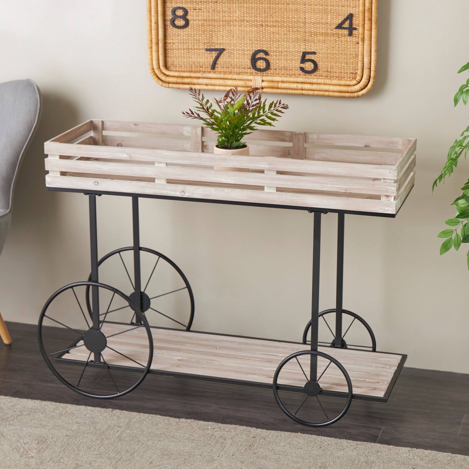 45" Cream Wood Wheelbarrow Shelf Plant Stand