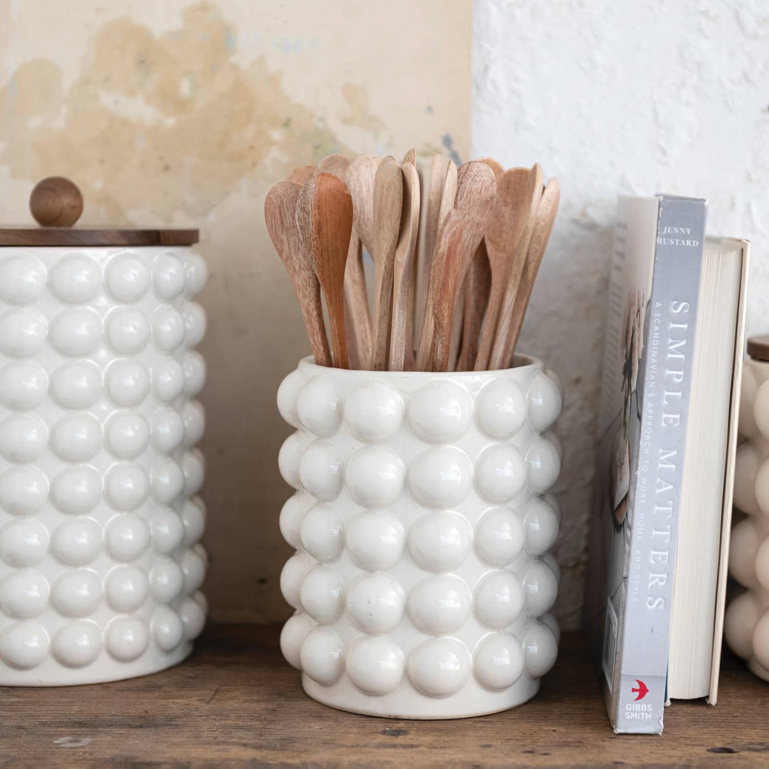 Hello Honey&#xAE; White Raised Dots Stoneware Canister with Acacia Wood Lid