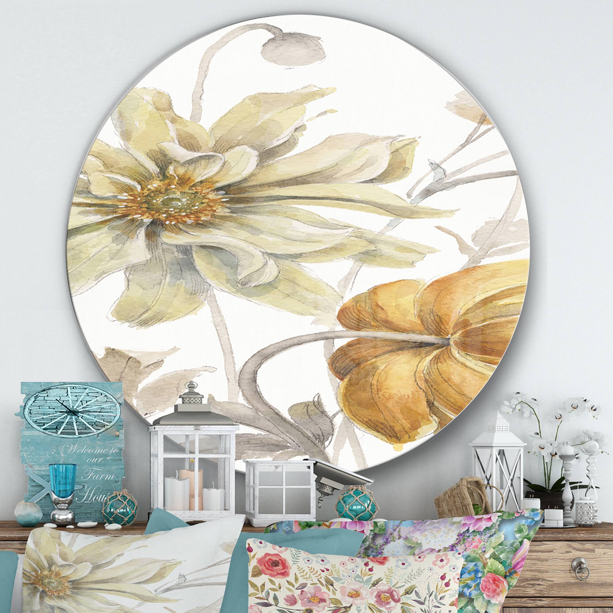 Designart - Fields of Gold Watercolor Flower I - Farmhouse Metal Circle Wall Art