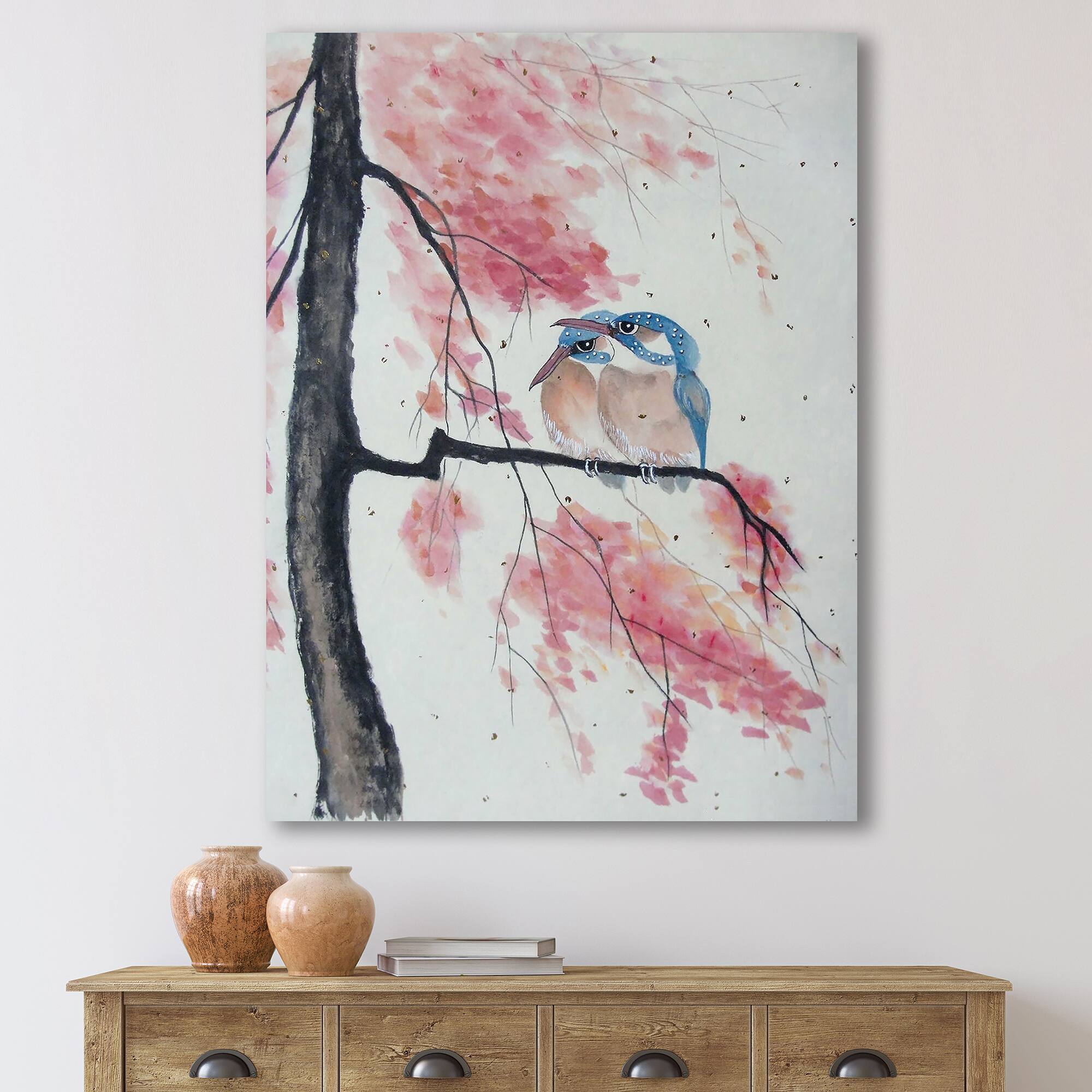 Designart - Two Kingfisher Birds Sit On A Flowering Branch - Traditional Canvas Wall Art Print