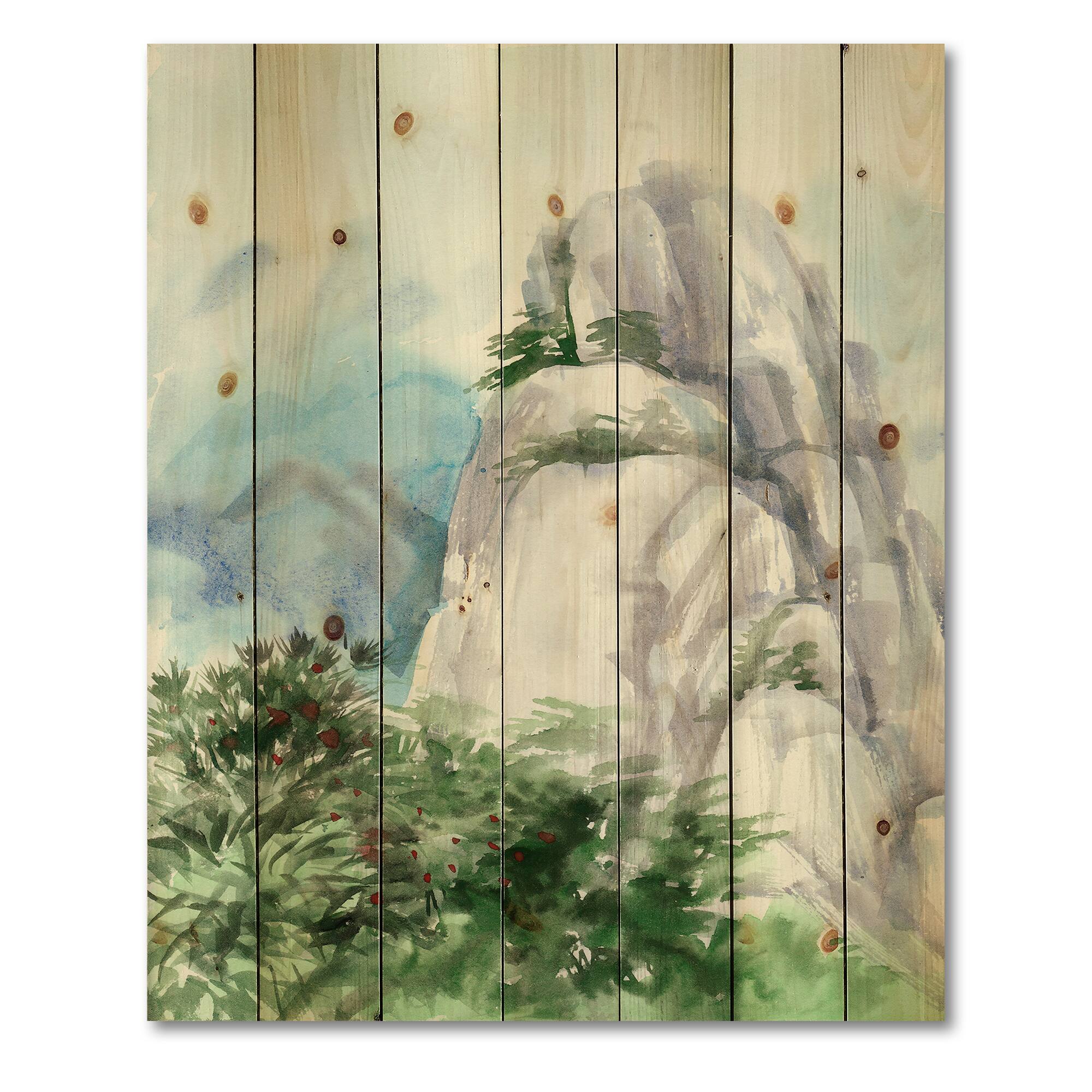 Designart - Mountain Top In The Clouds - Traditional Print on Natural Pine Wood
