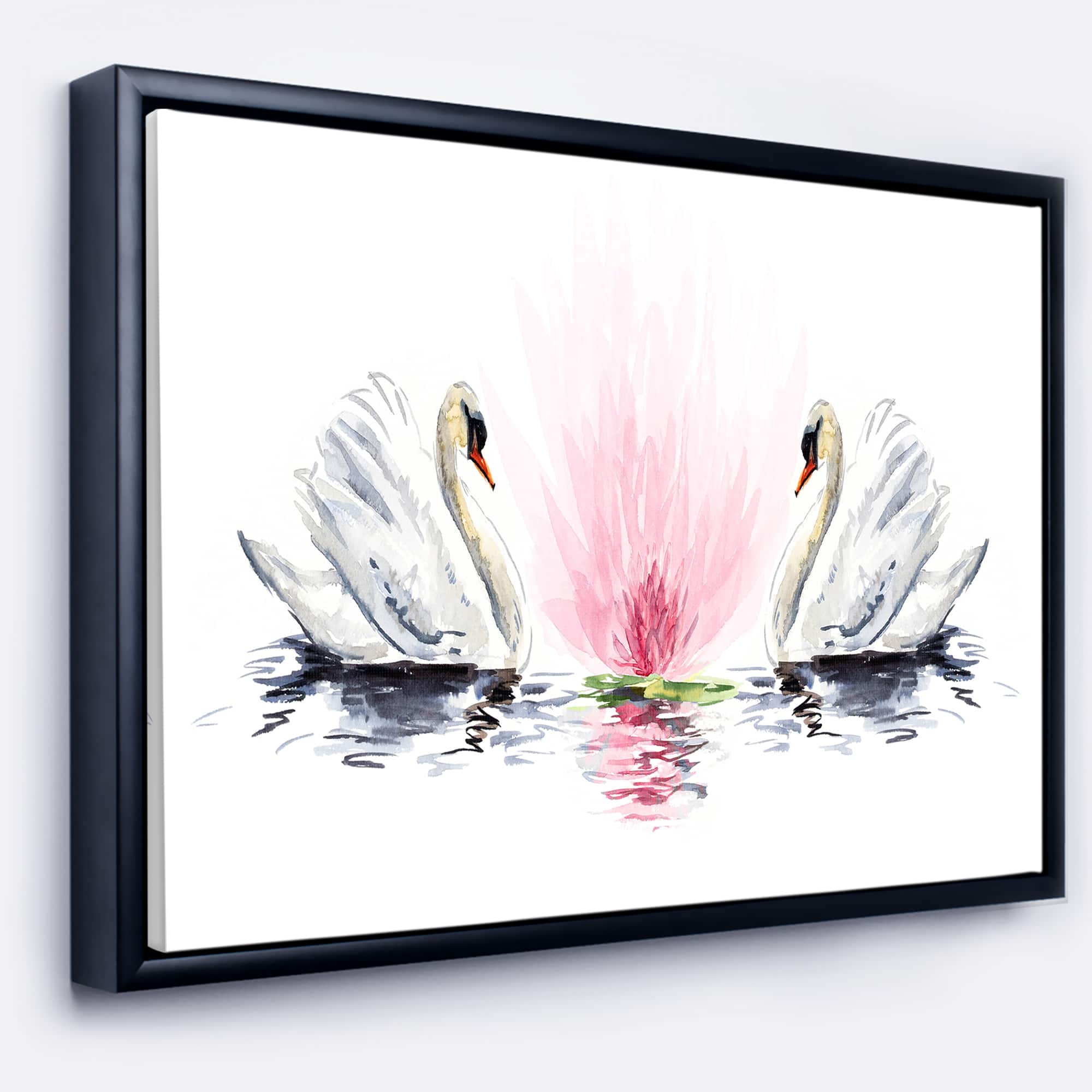 Designart - Floating Swans on White Background - Animal Art On Canvas in Black Frame