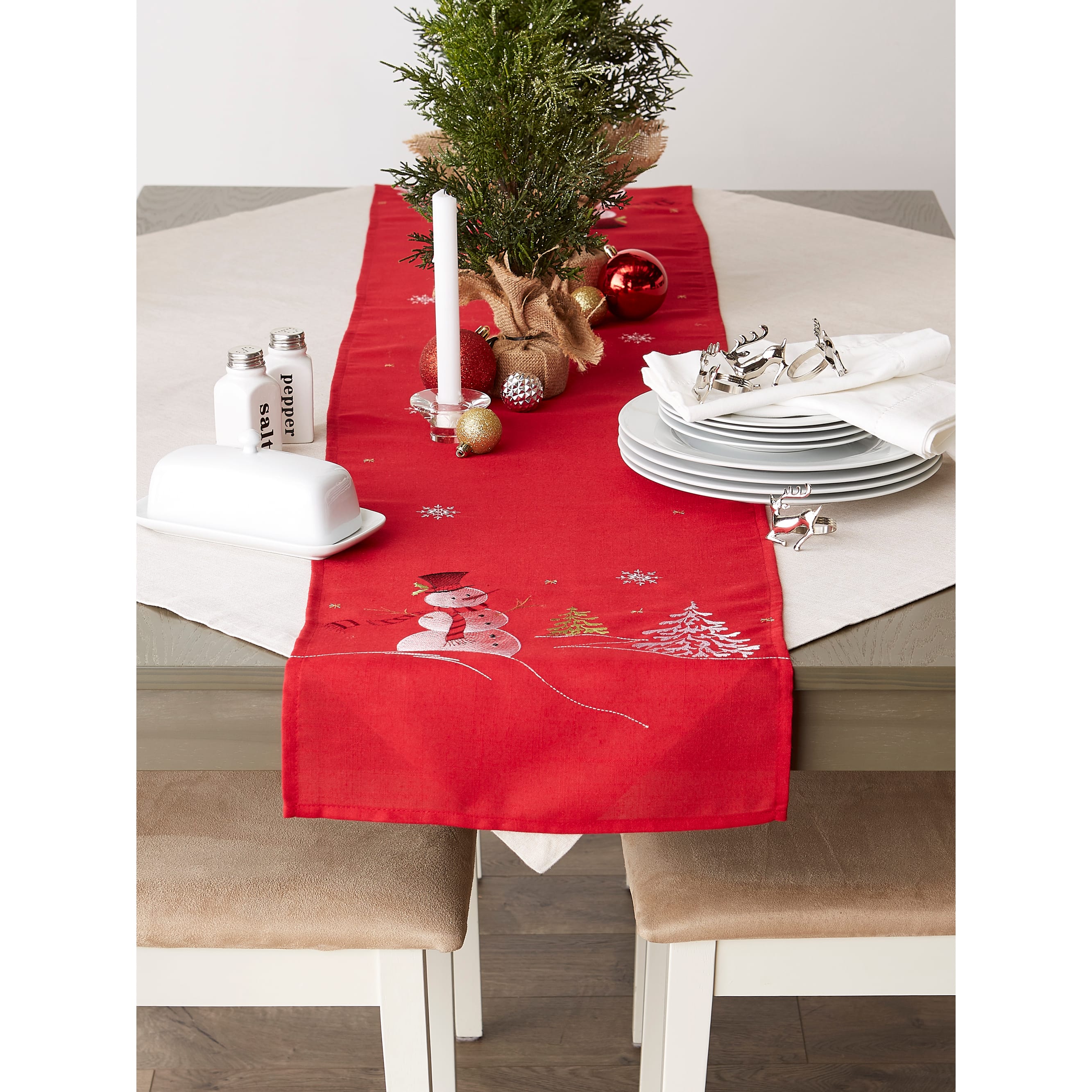 DII&#xAE; 70&#x22; Red Embroidered Snowman Table Runner