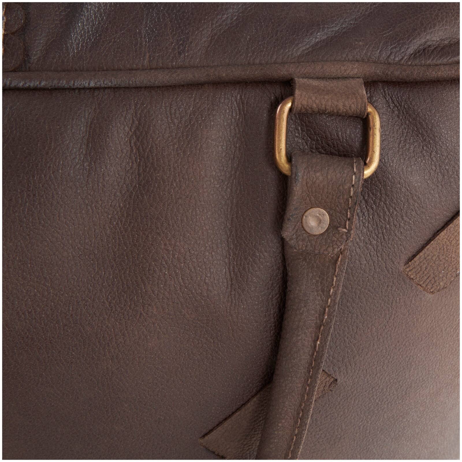 22&#x22; Leather Pouf with Woven Straps &#x26; Handles