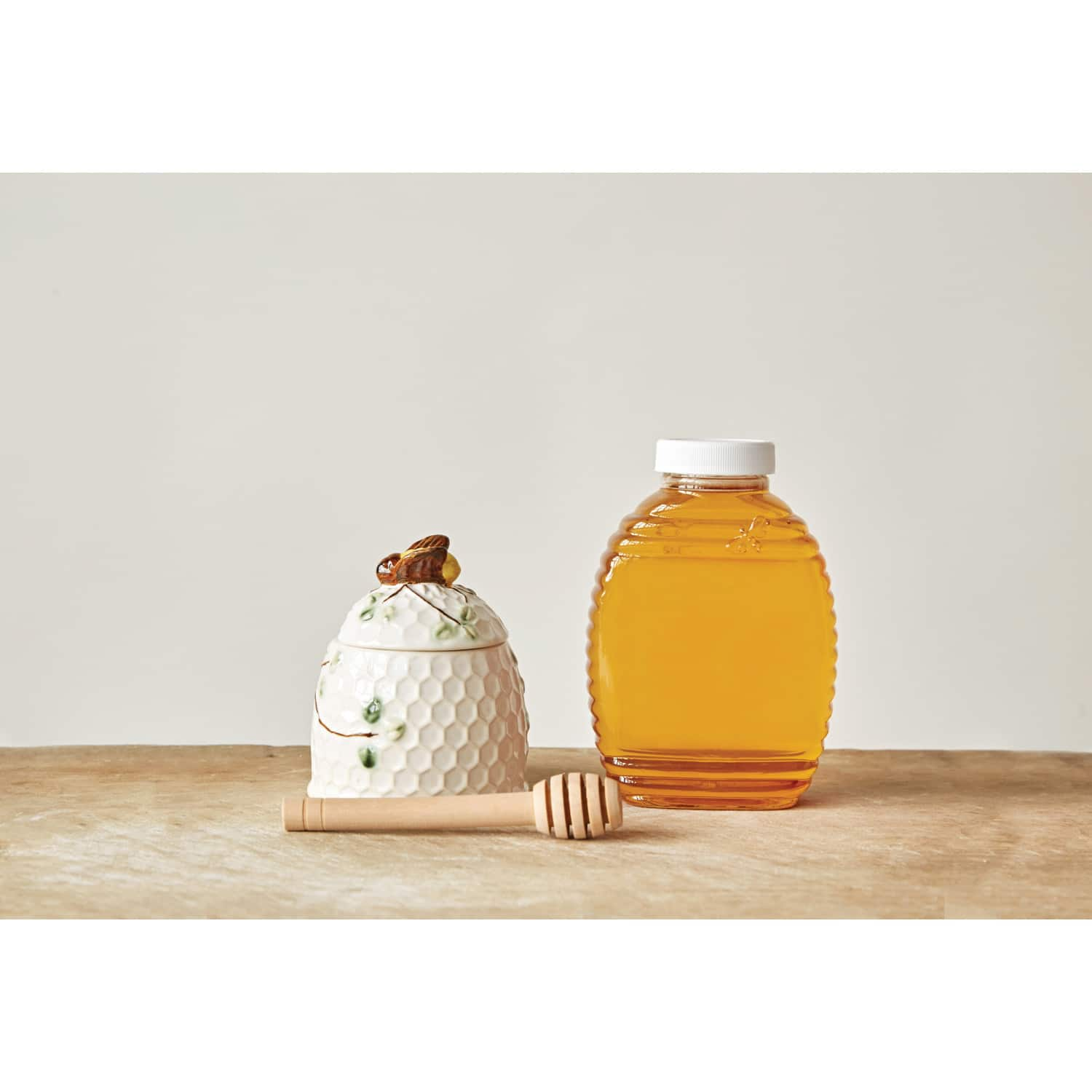 Stoneware Bee Honey Jar with Lid &#x26; Dipper Set