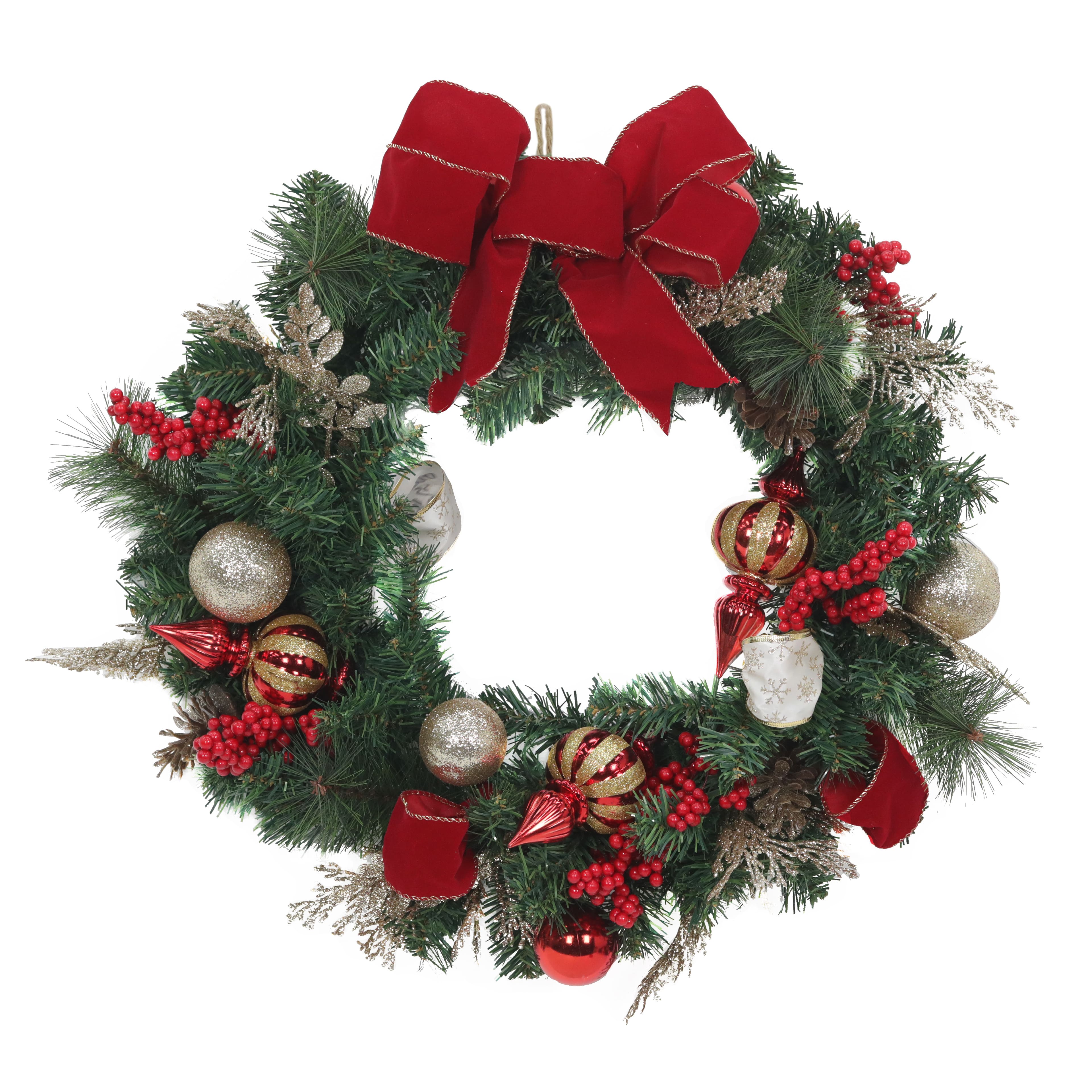 24&#x22; Pine, Ornament &#x26; Red Bow Wreath by Ashland&#xAE;