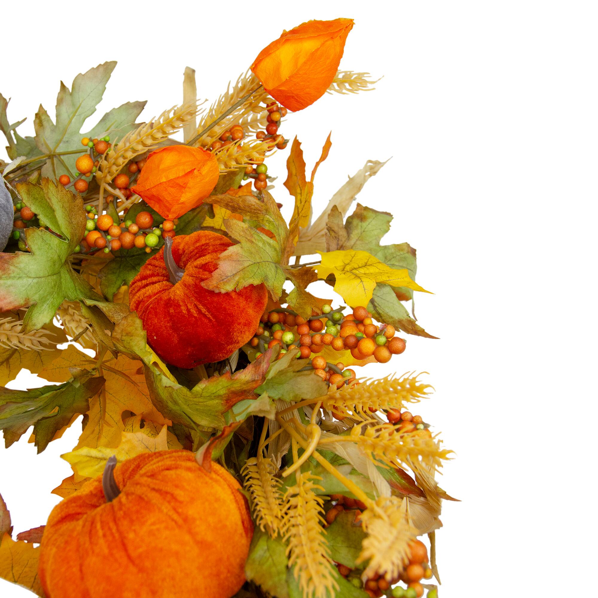 24" Velvet Pumpkins & Wheat Fall Harvest Wreath
