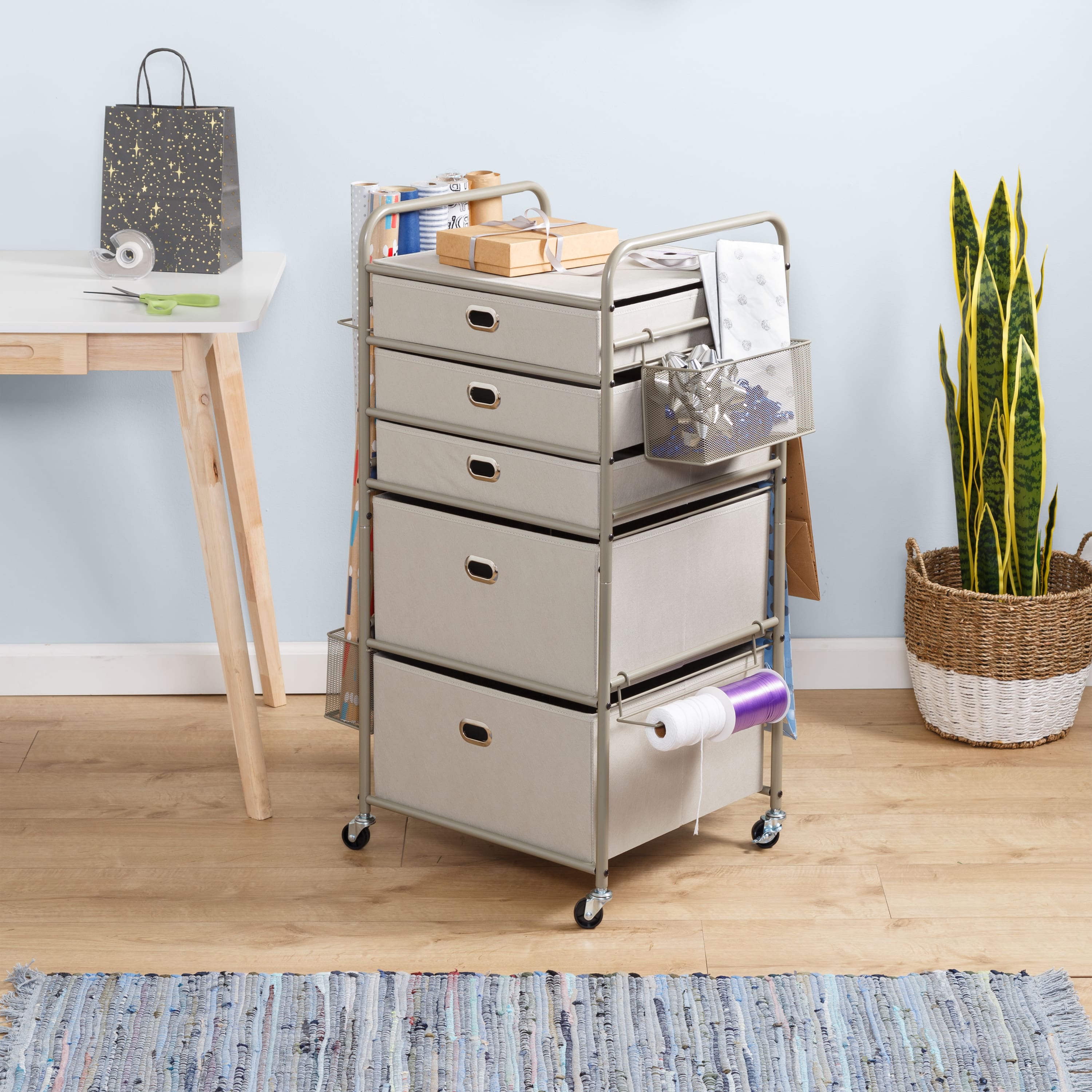 Honey Can Do Taupe Wrapping Paper Storage Cart with Wheels