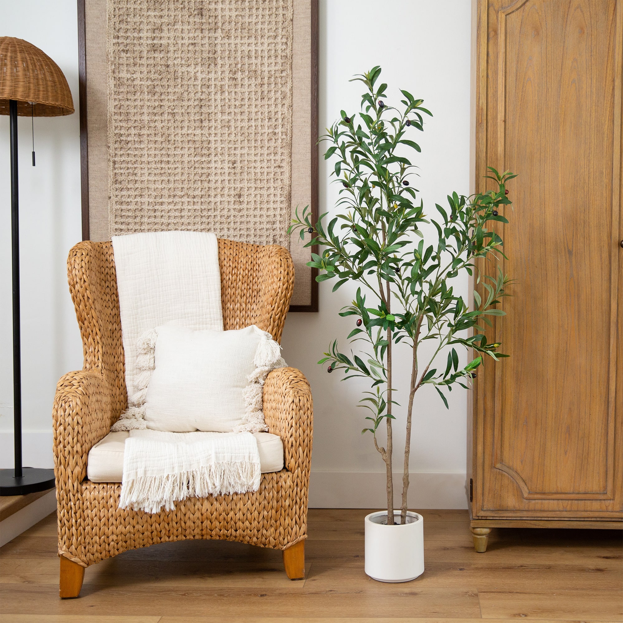 5ft. Artificial Minimalist Olive Tree in White Decorative Planter