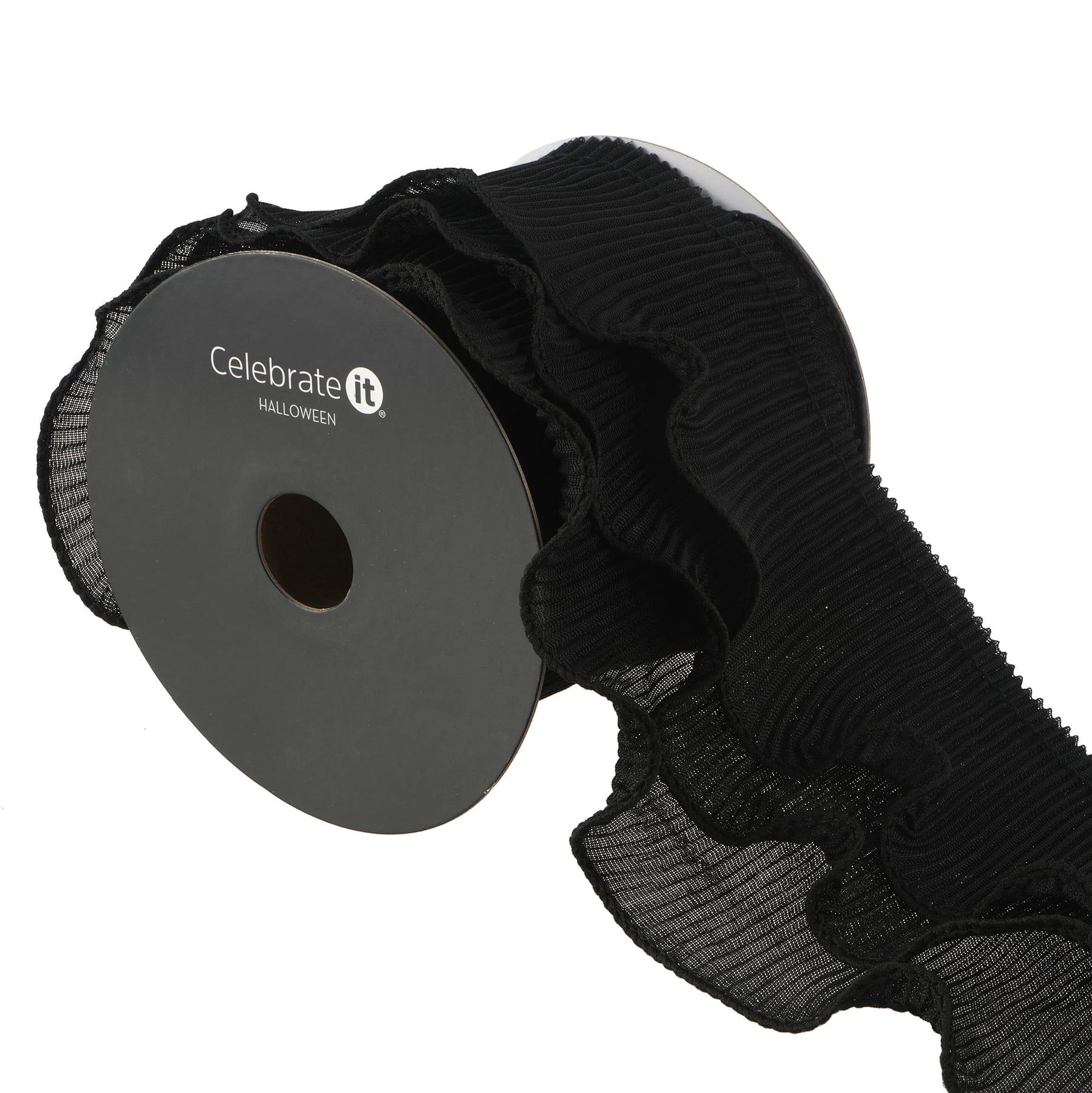 3.7&#x22; x 2yd. Black Pleated Ruffle Ribbon by Celebrate It&#xAE; Halloween