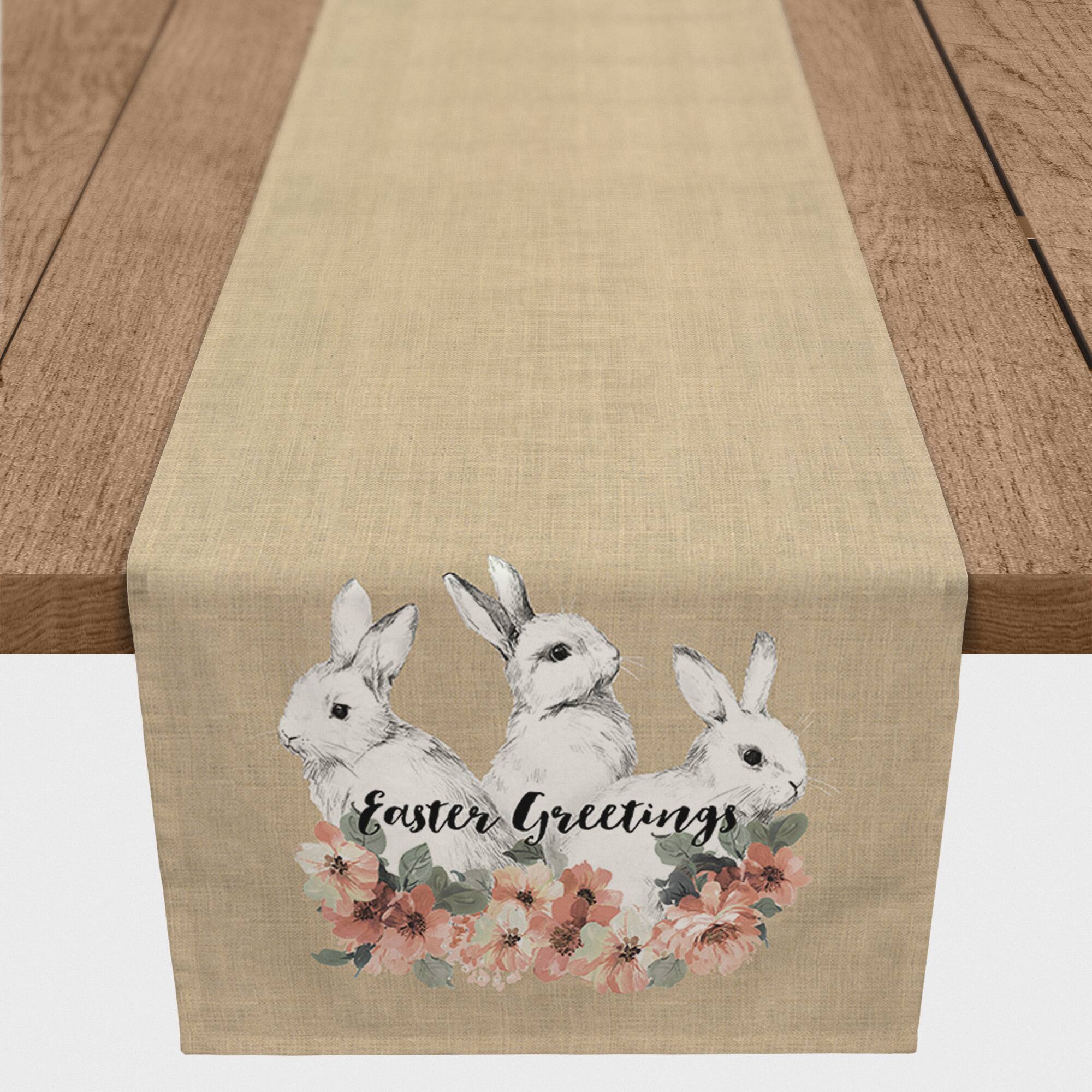 Sketched Bunnies On White Burlap 2 16" x 90" Poly Twill Table Runner