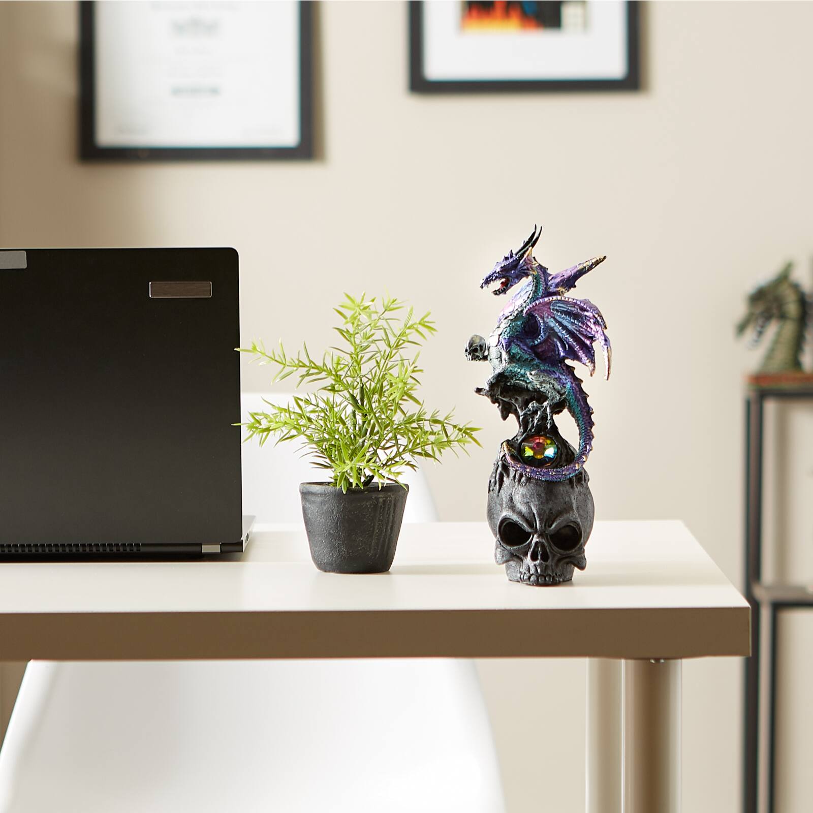 10" Mystical Dragon Atop A Black Skull Figurine