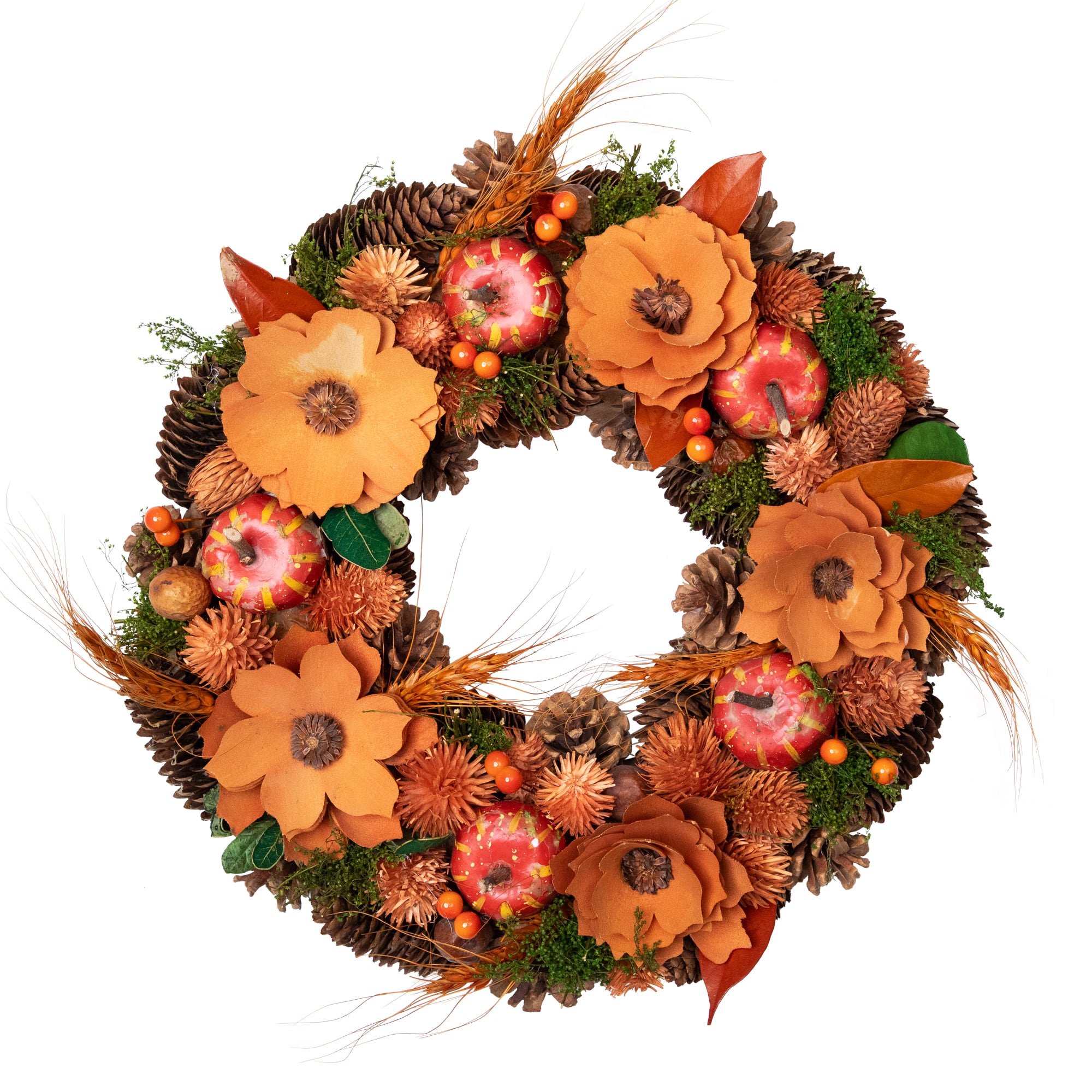 13.25'' Unlit Autumn Harvest Orange Flowers and Gourds Pine Cone Wreath