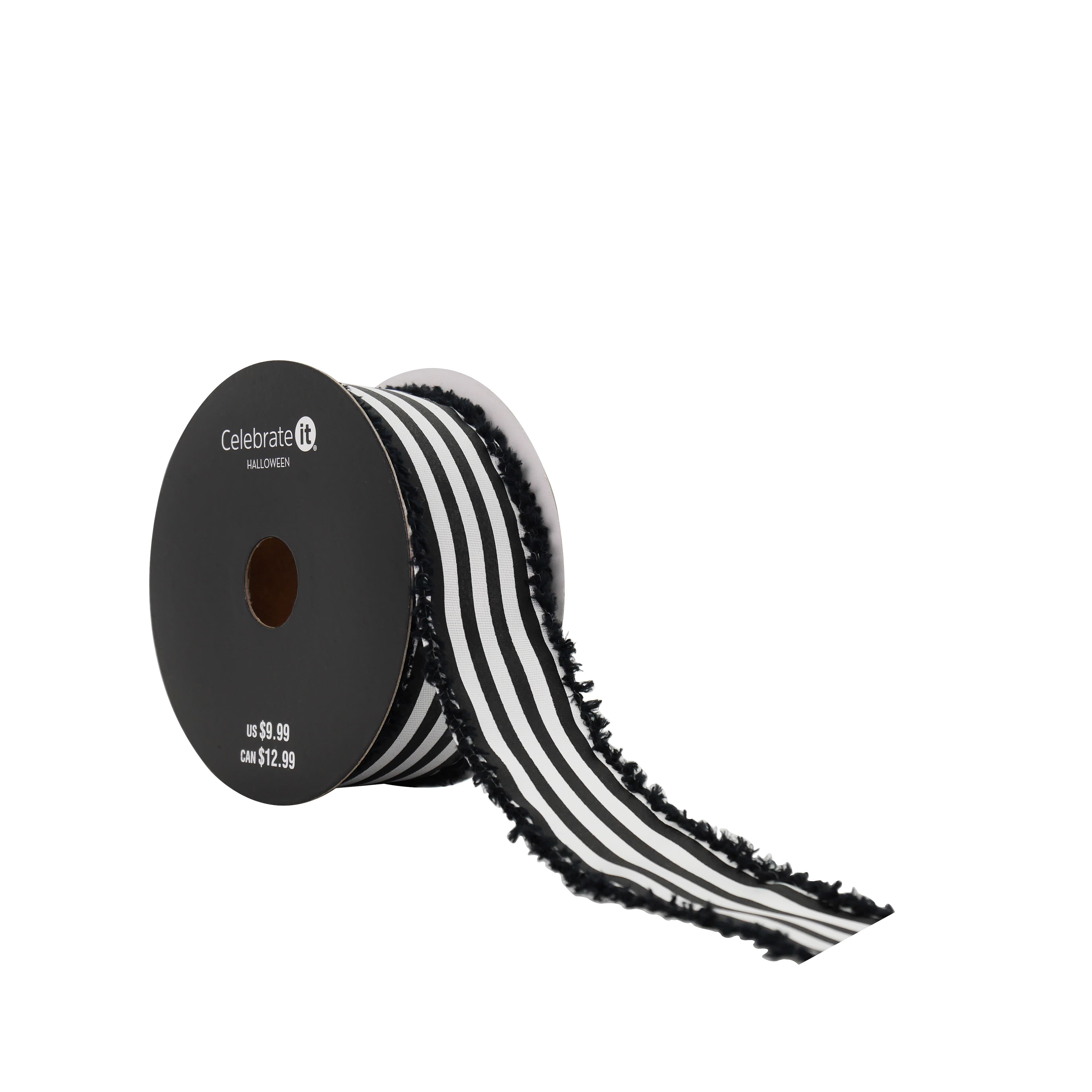1.5&#x22; x 10yd. Black &#x26; White Striped Wired Grosgrain Ribbon by Celebrate It&#xAE; Halloween
