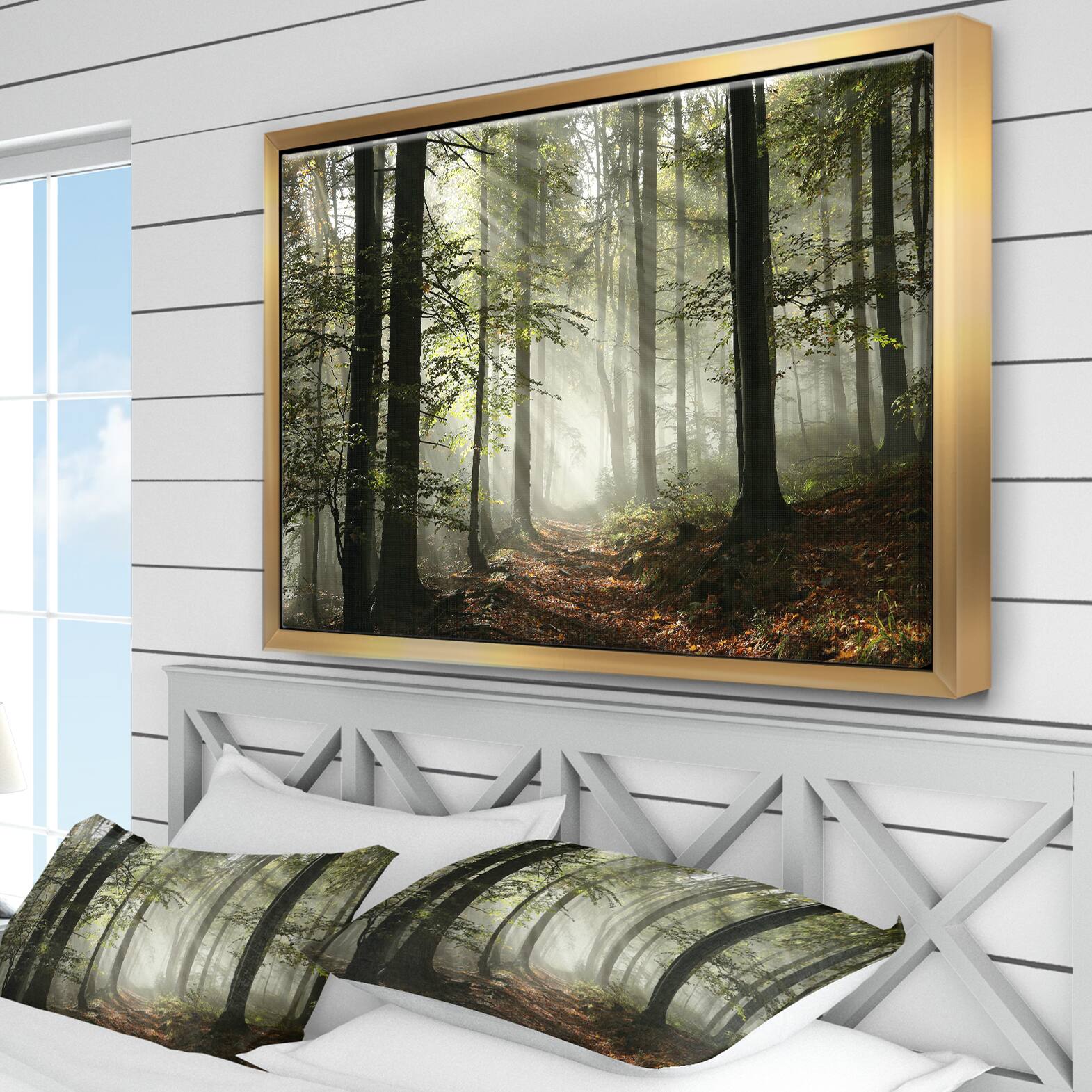 Designart - Light in Dense Fall Forest with Fog - Landscape Art Print Framed Canvas