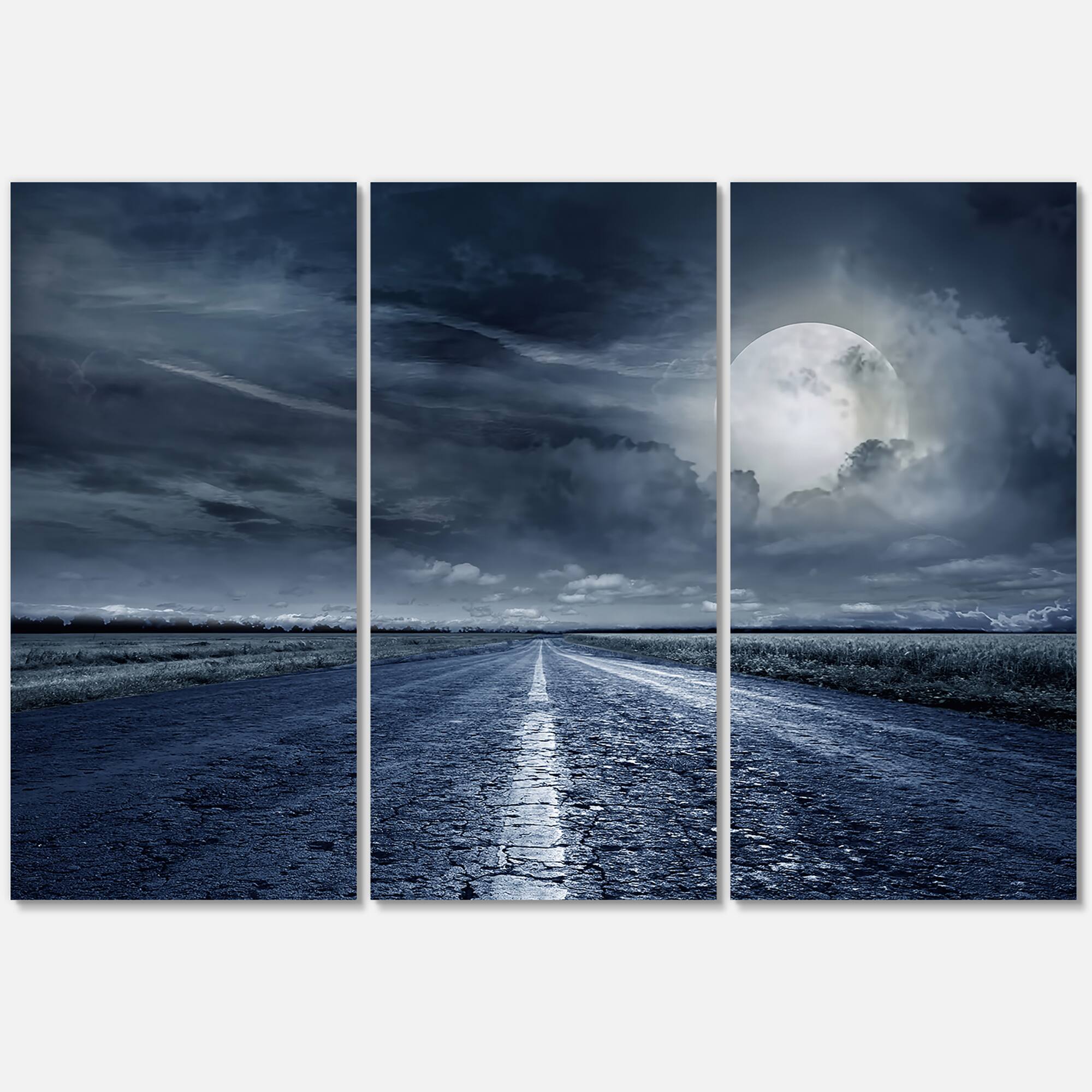 Designart - Asphalt Road Under Cloudy Full Moon II
