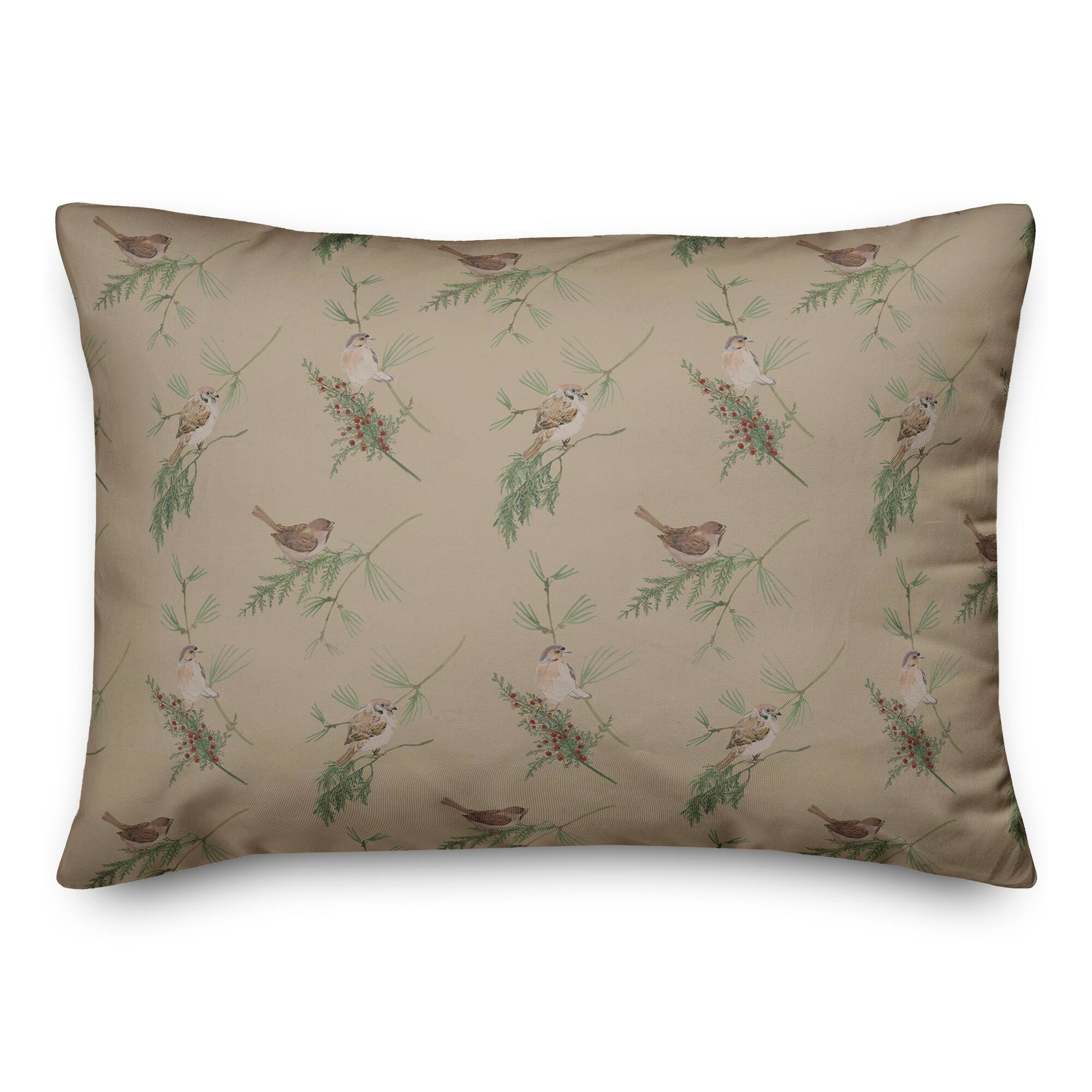 Pine & Birds on Brown Rectangle Throw Pillow