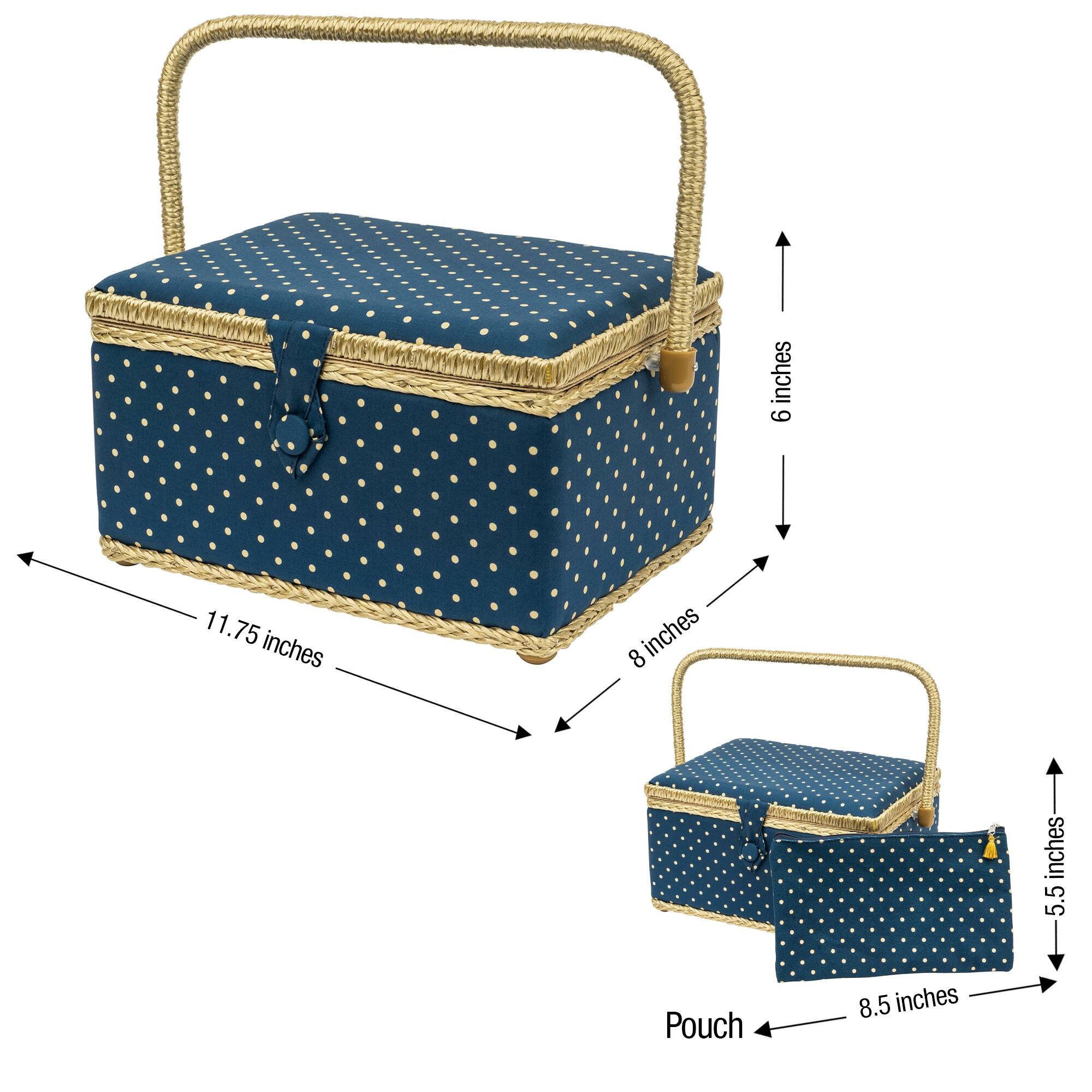 SINGER&#xAE; Large Blue Polka Dot Print Sewing Basket with Matching Zipper Pouch