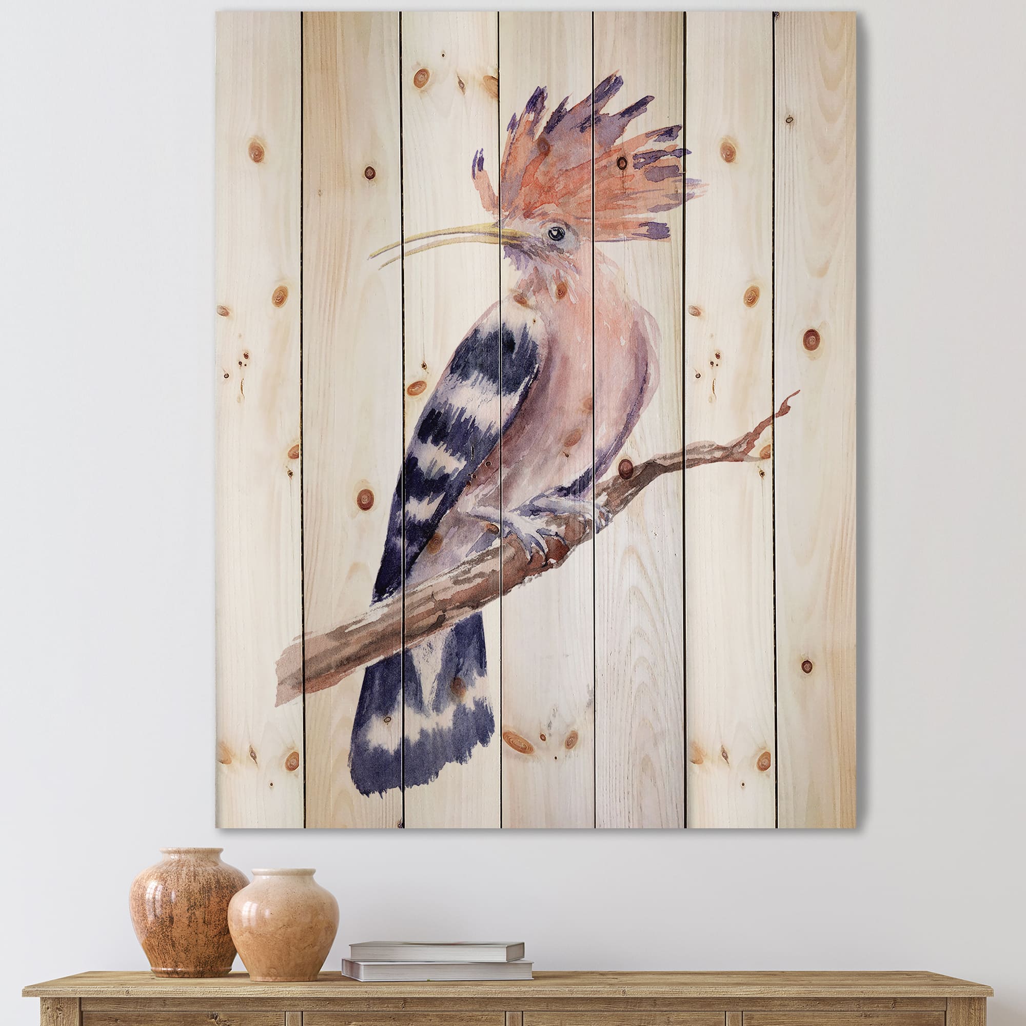 Designart - Vintage Hoopoe Bird On A Branch - Traditional Print on Natural Pine Wood