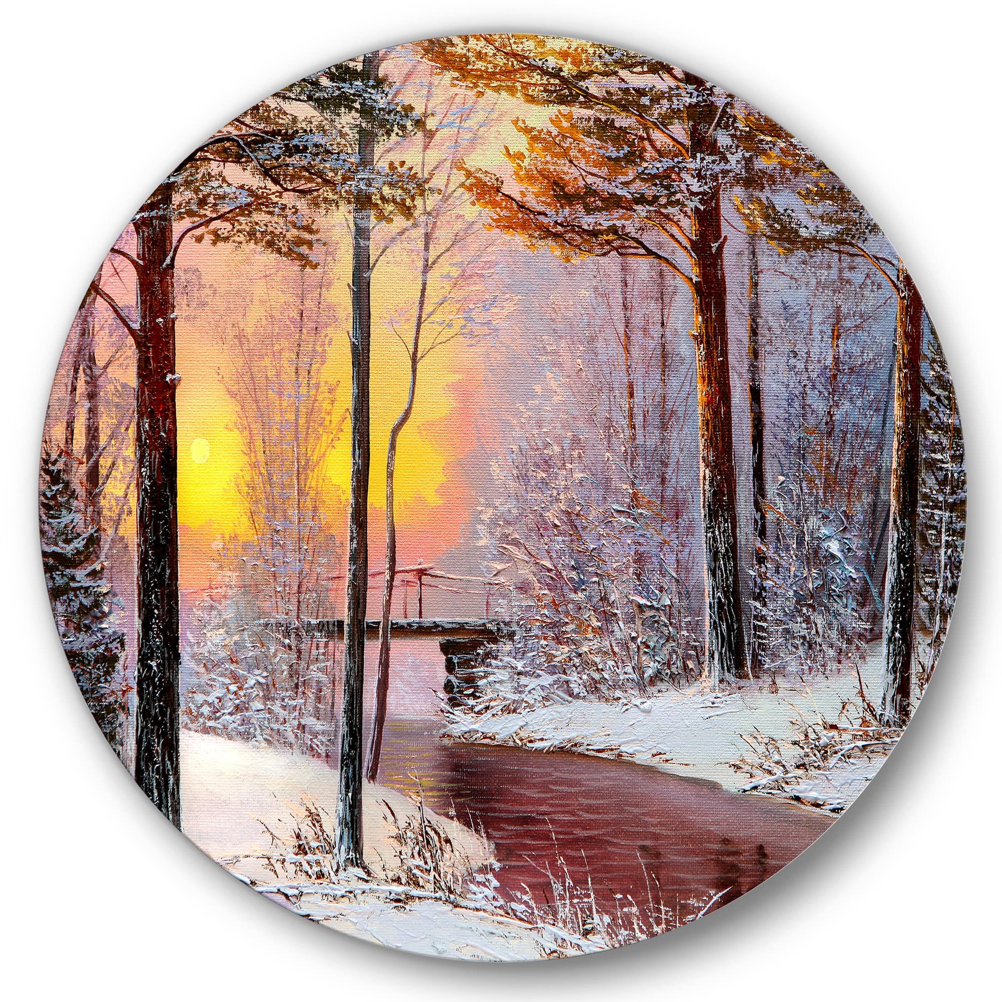 Designart - Christmas Forest With River and Trees IV - Traditional Metal Circle Wall Art