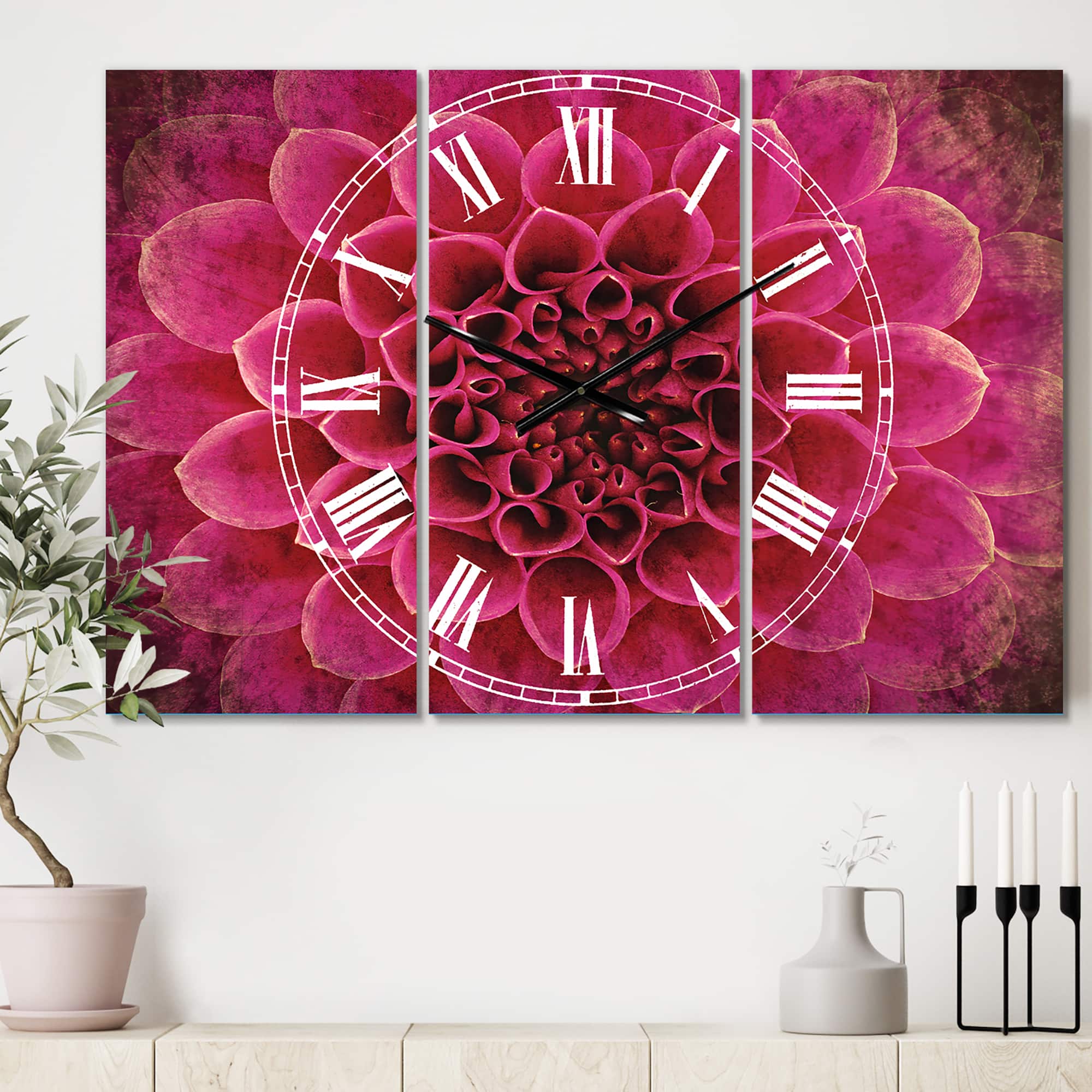 Designart 'Dark Pink Abstract Flower Petals Traditional Multipanel Wall Clock