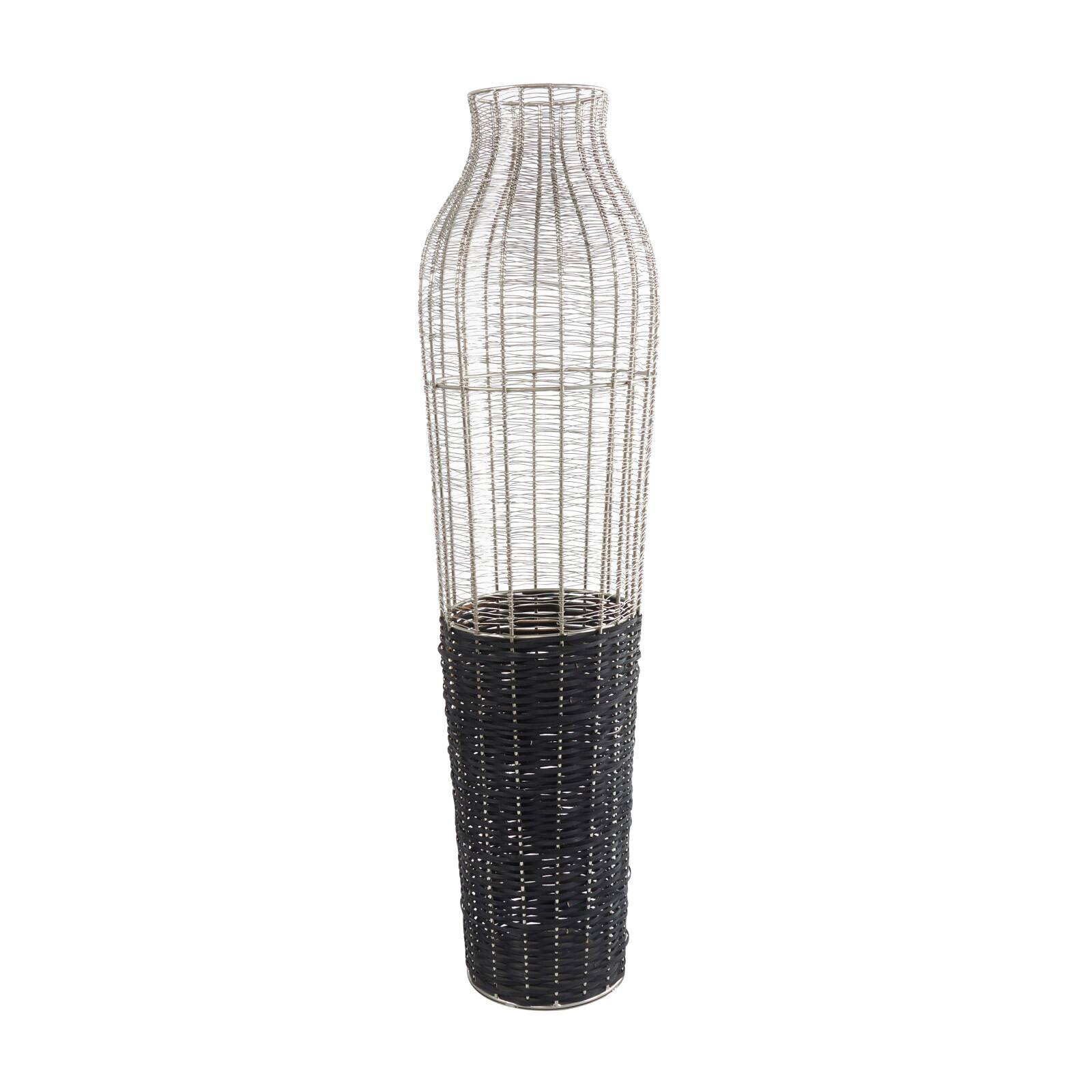 36" Silver Metal Vase with Woven Black Rattan Base