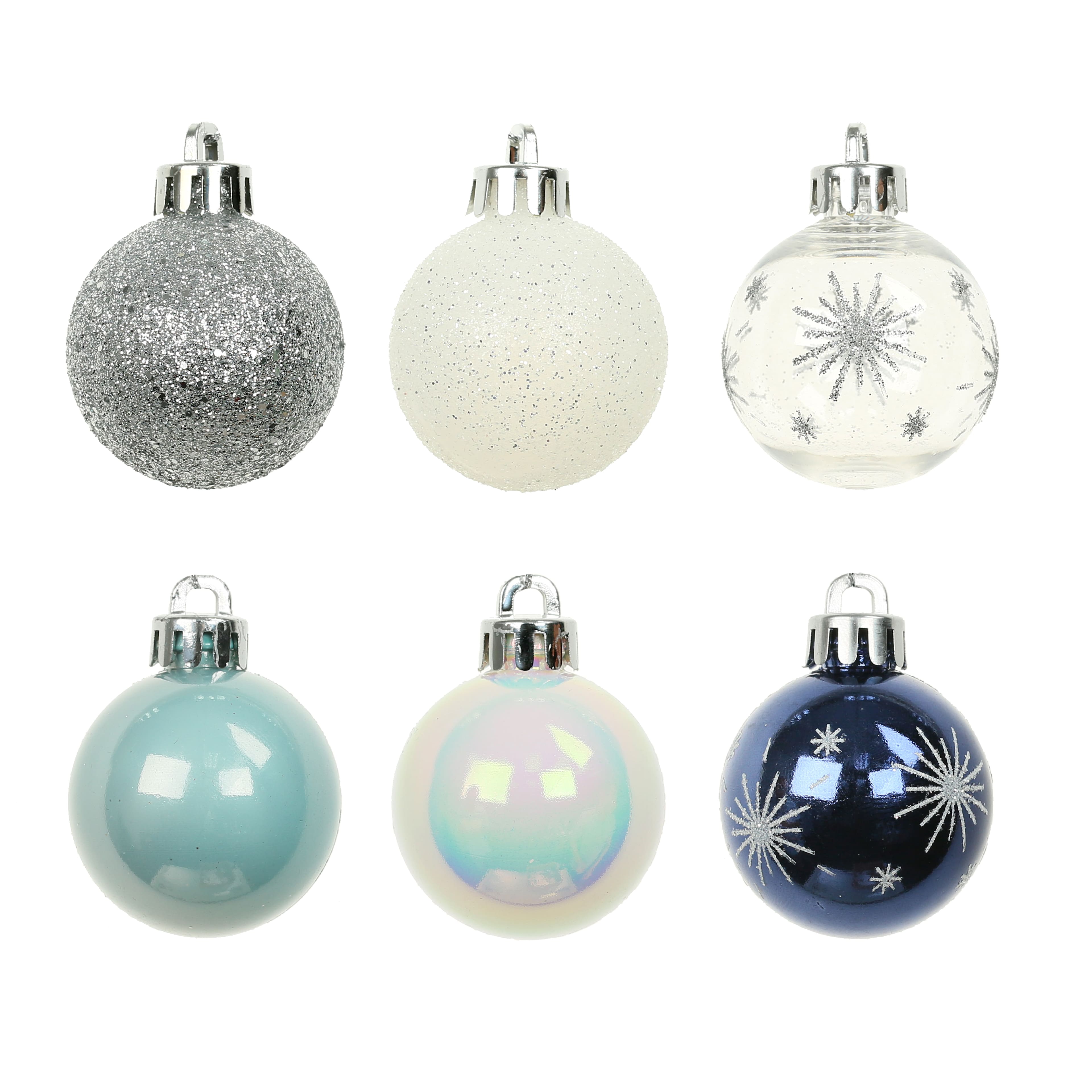 7 Pack 1.5&#x22; Blue, White &#x26; Silver Starburst Shatterproof Ball Ornaments by Ashland&#xAE;